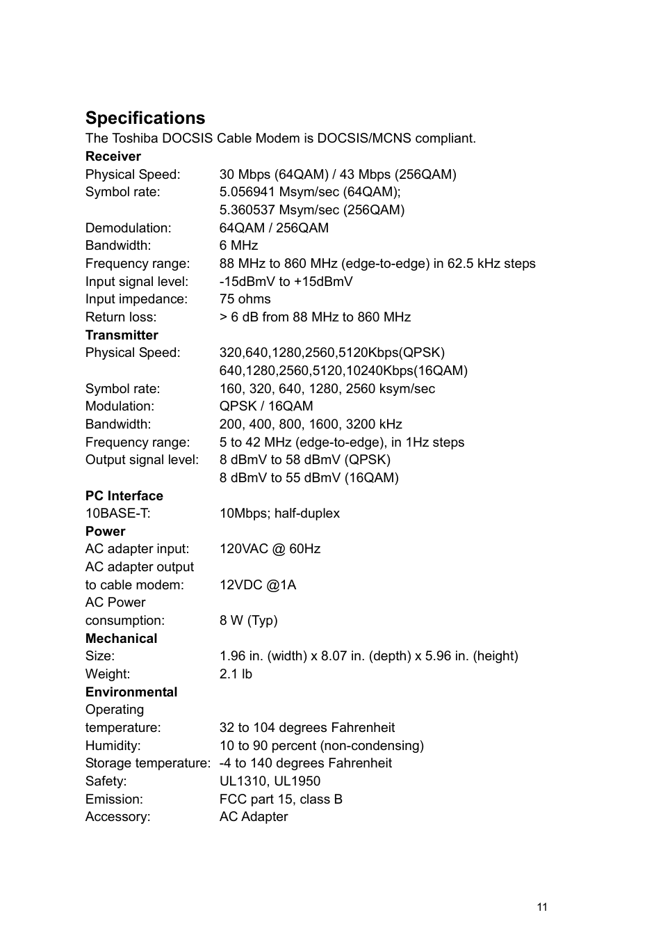 Specifications | Toshiba PCX1000 User Manual | Page 13 / 18