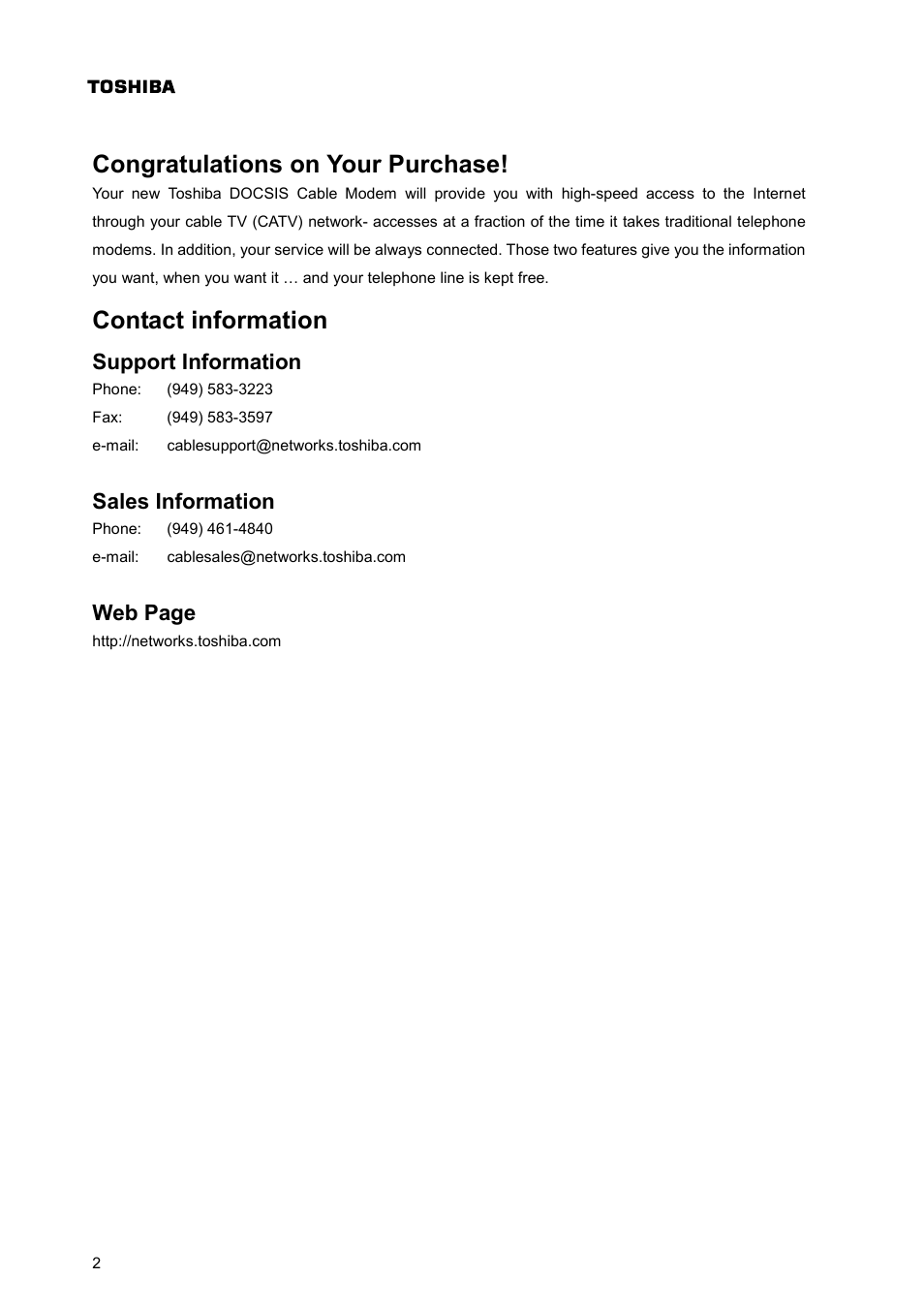 Contact information, Support information, Sales information | Web page | Toshiba PCX1000 User Manual | Page 4 / 18