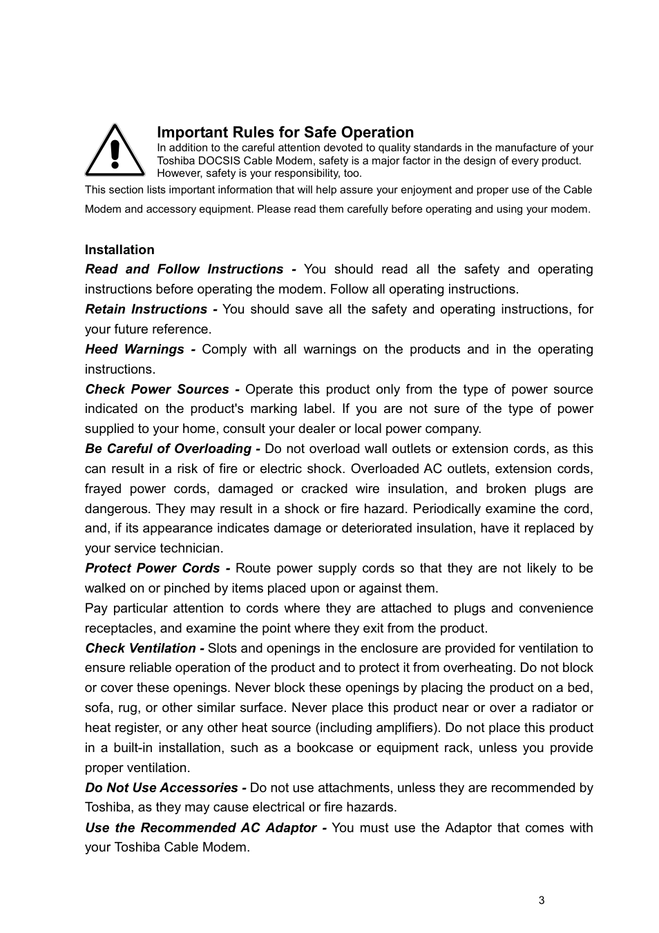 Important rules for safe operation | Toshiba PCX1000 User Manual | Page 5 / 18