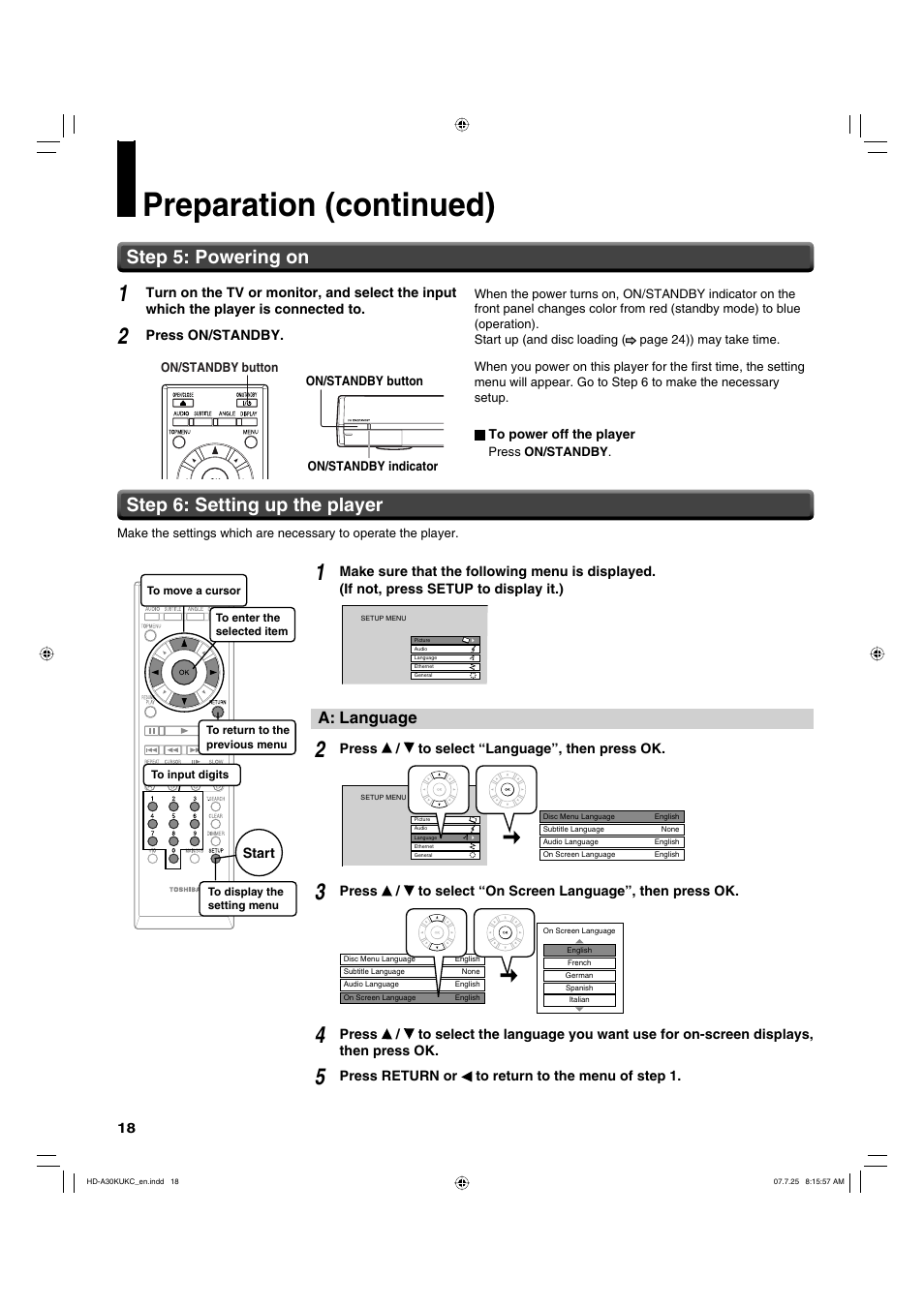Preparation (continued), Step 5: powering on step 6: setting up the player, A: language | Toshiba HD-A30KU User Manual | Page 18 / 48