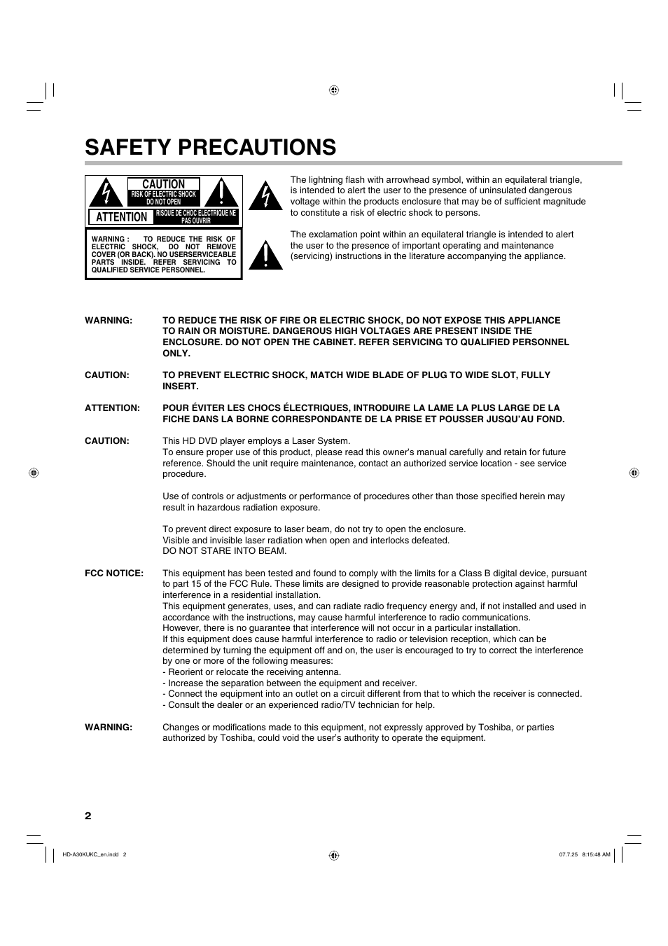 Safety precautions, Attention, Caution | Toshiba HD-A30KU User Manual | Page 2 / 48
