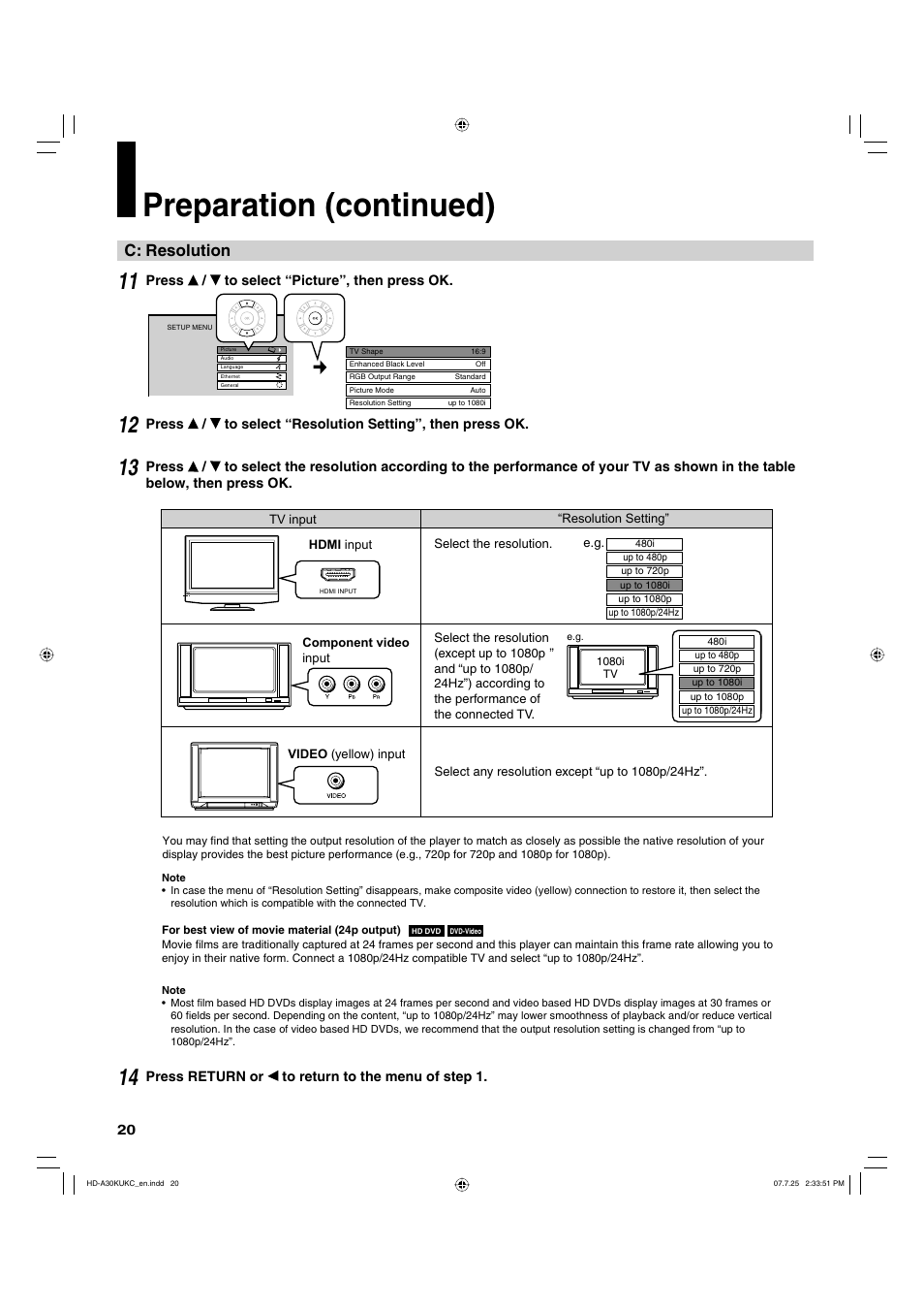 Preparation (continued), C: resolution | Toshiba HD-A30KU User Manual | Page 20 / 48