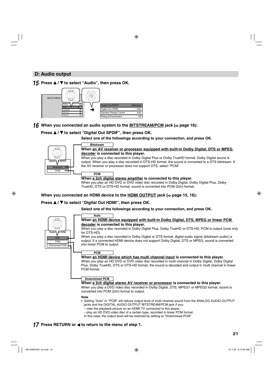 D: audio output | Toshiba HD-A30KU User Manual | Page 21 / 48