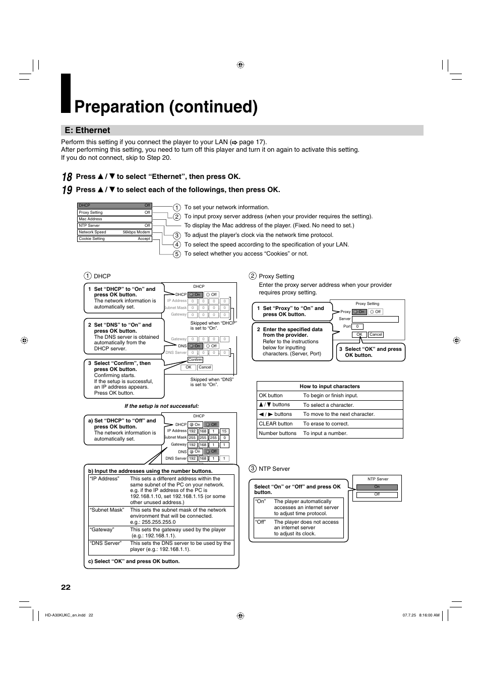 Preparation (continued), E: ethernet, Press / to select “ethernet”, then press ok | Toshiba HD-A30KU User Manual | Page 22 / 48