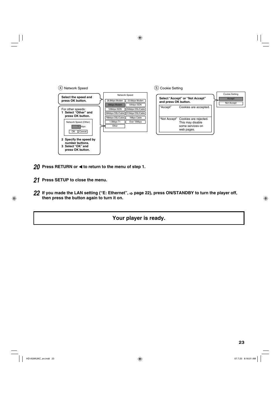 Your player is ready, Press return or to return to the menu of step 1, Press setup to close the menu | Toshiba HD-A30KU User Manual | Page 23 / 48