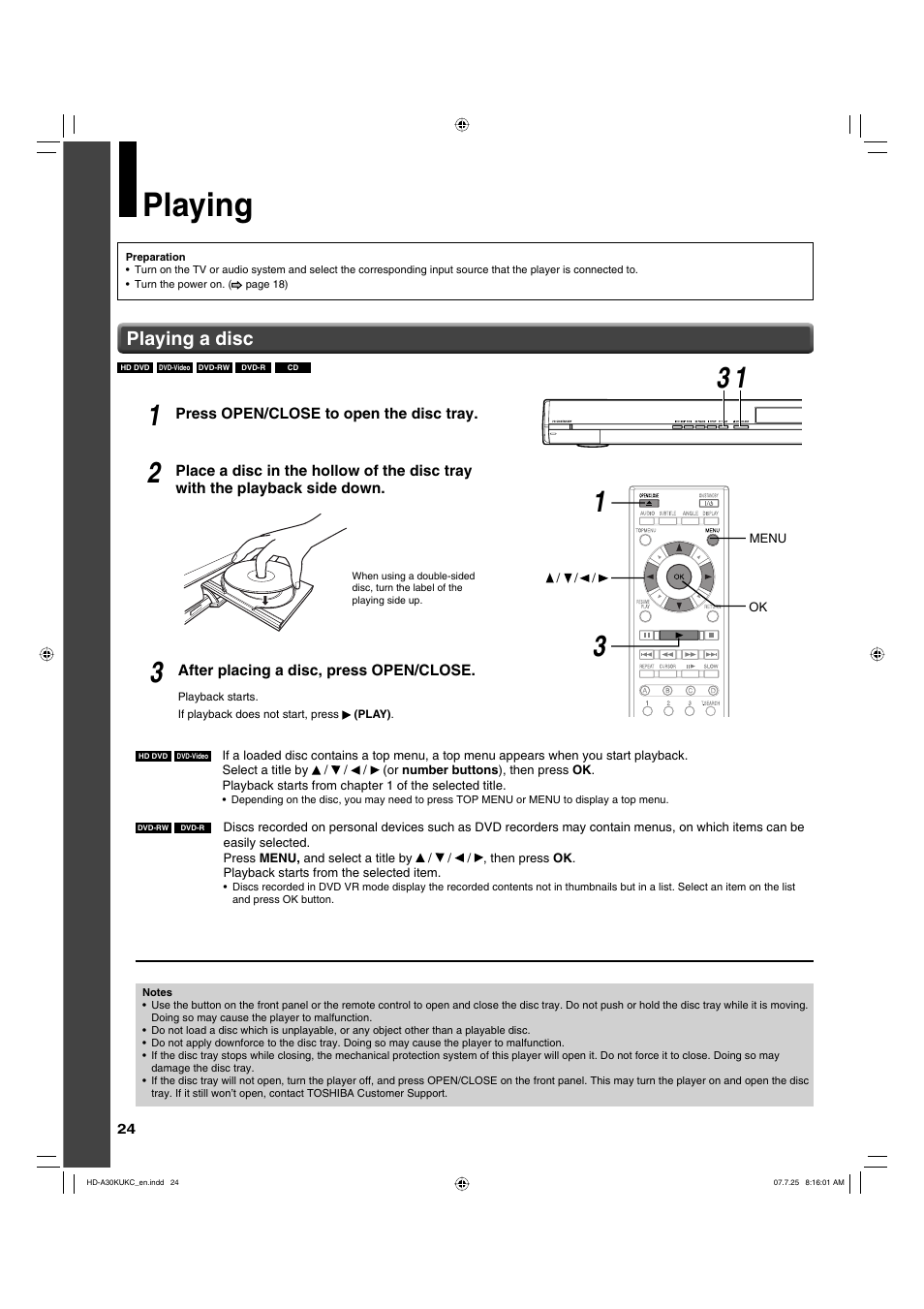 Playing, Playing a disc | Toshiba HD-A30KU User Manual | Page 24 / 48