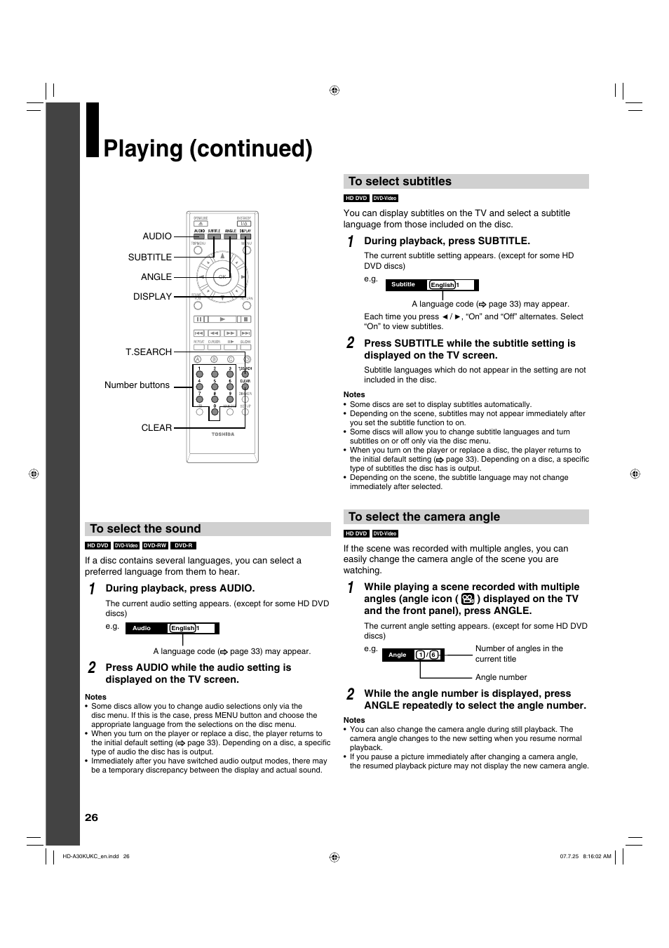 Playing (continued) | Toshiba HD-A30KU User Manual | Page 26 / 48