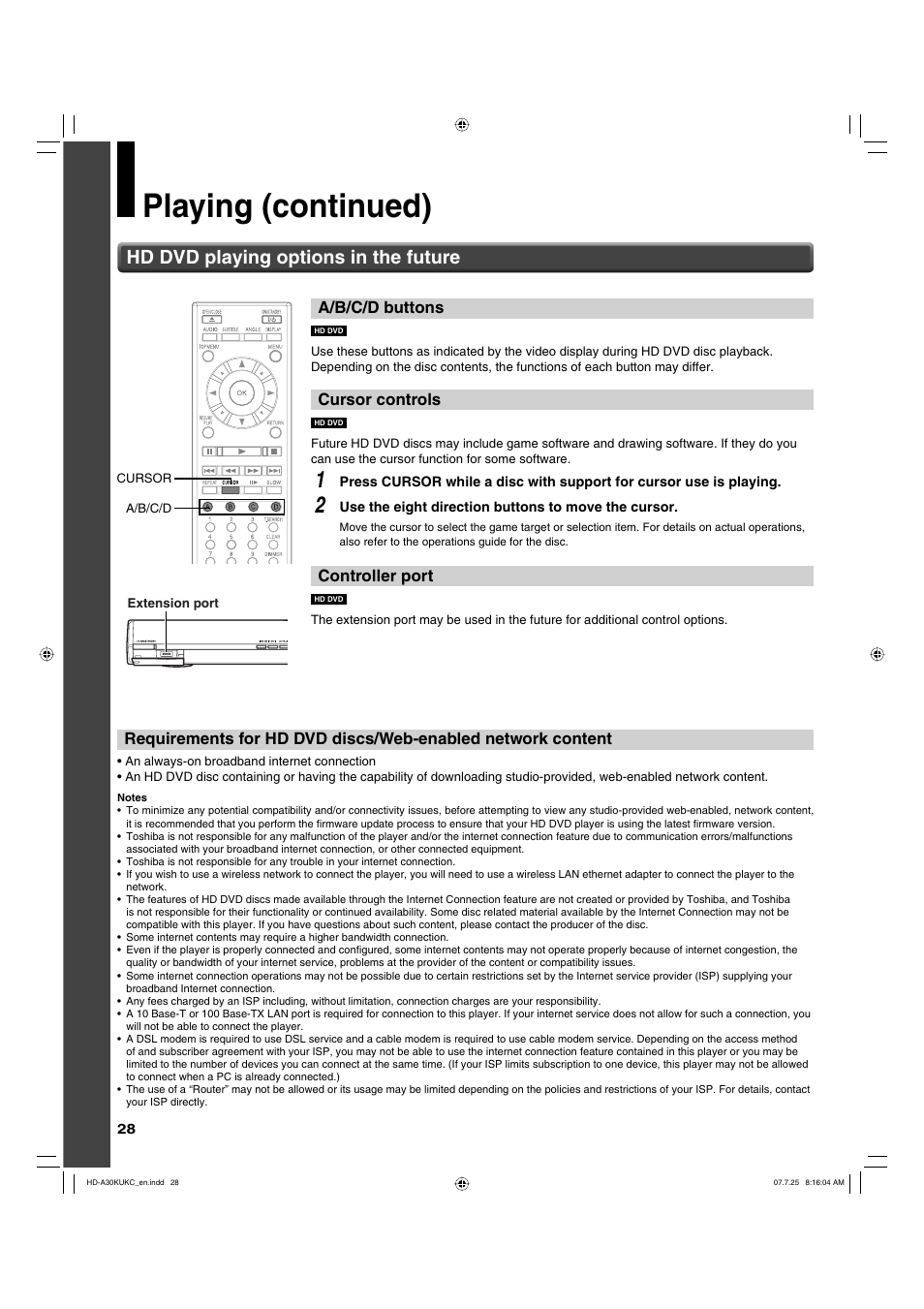 Playing (continued), Hd dvd playing options in the future, A/b/c/d buttons | Cursor controls, Controller port | Toshiba HD-A30KU User Manual | Page 28 / 48