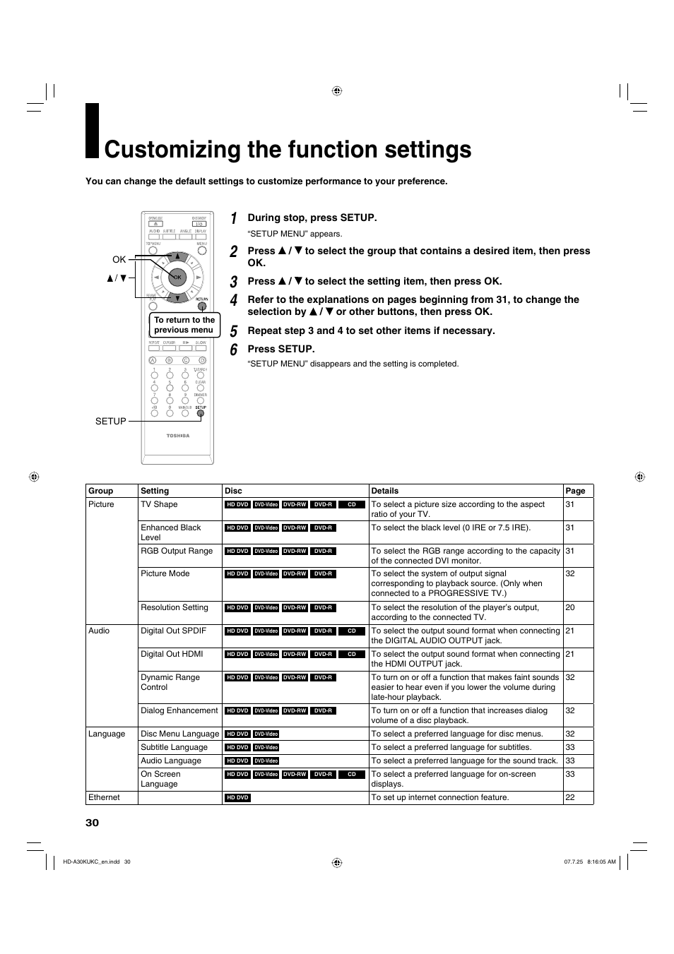 Customizing the function settings, During stop, press setup, Press / to select the setting item, then press ok | Press setup | Toshiba HD-A30KU User Manual | Page 30 / 48
