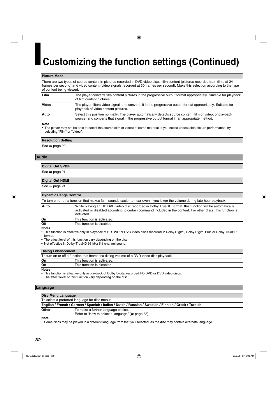 Customizing the function settings (continued) | Toshiba HD-A30KU User Manual | Page 32 / 48
