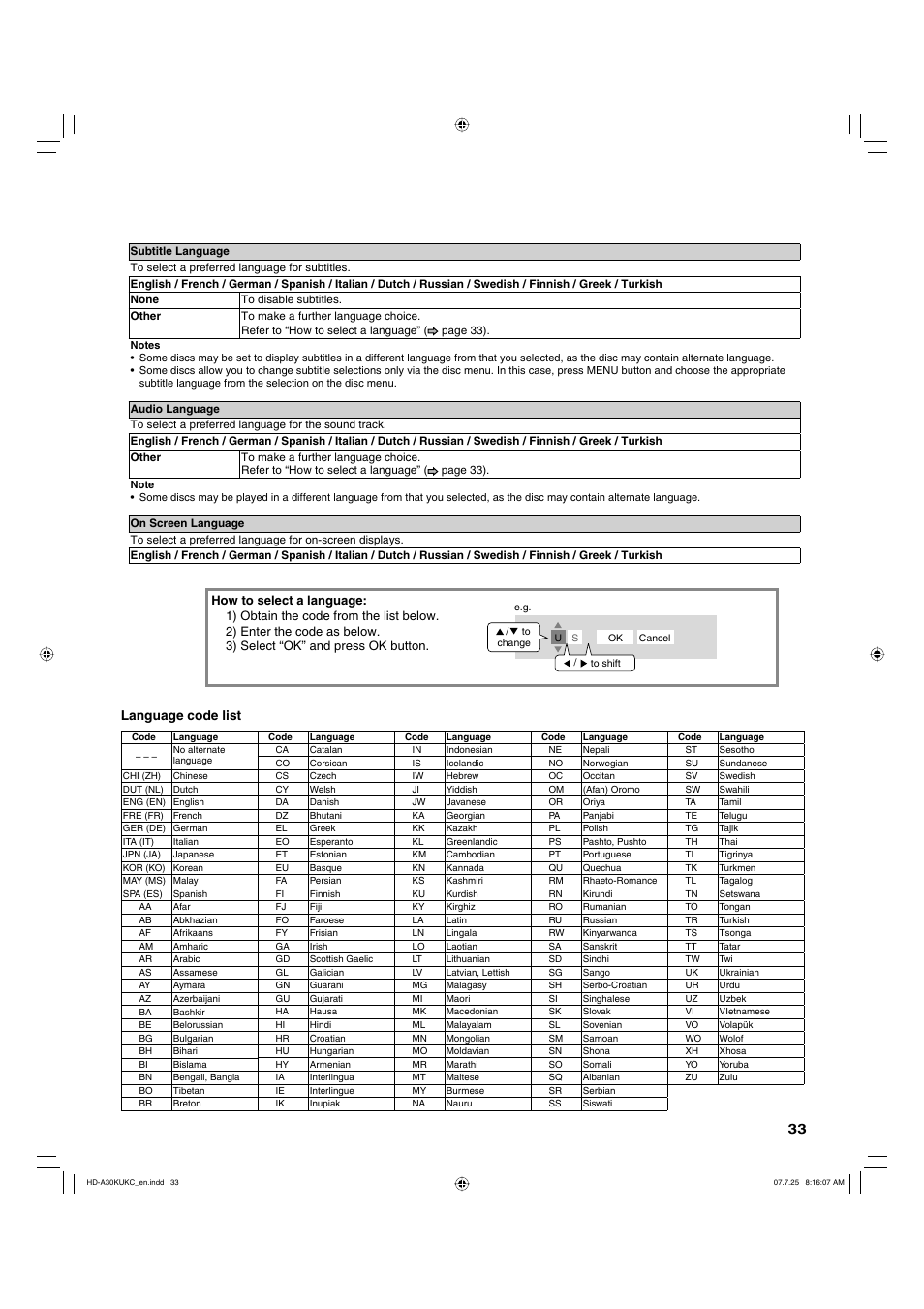 Language code list | Toshiba HD-A30KU User Manual | Page 33 / 48