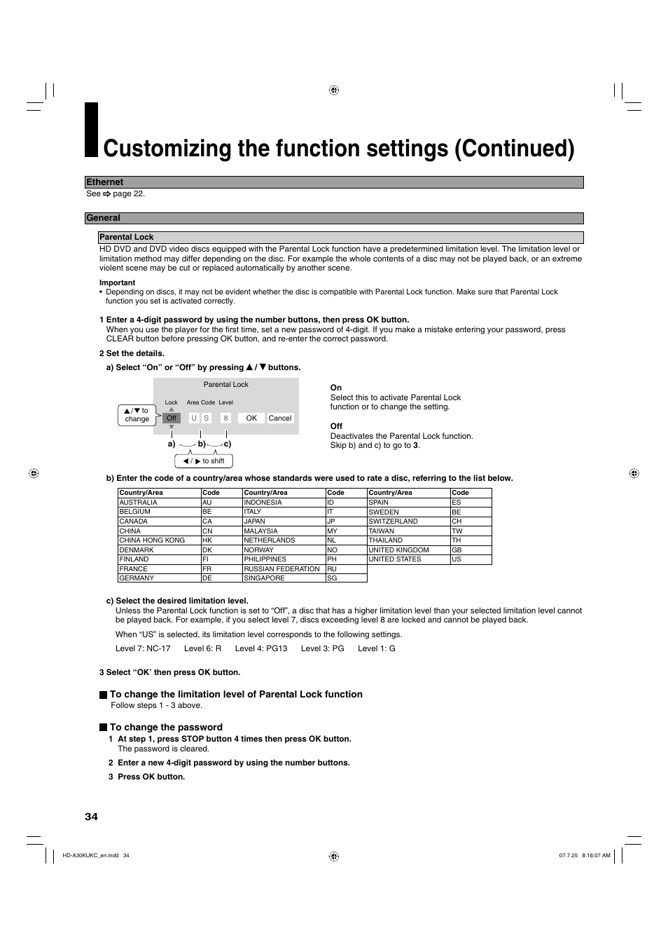 Customizing the function settings (continued) | Toshiba HD-A30KU User Manual | Page 34 / 48
