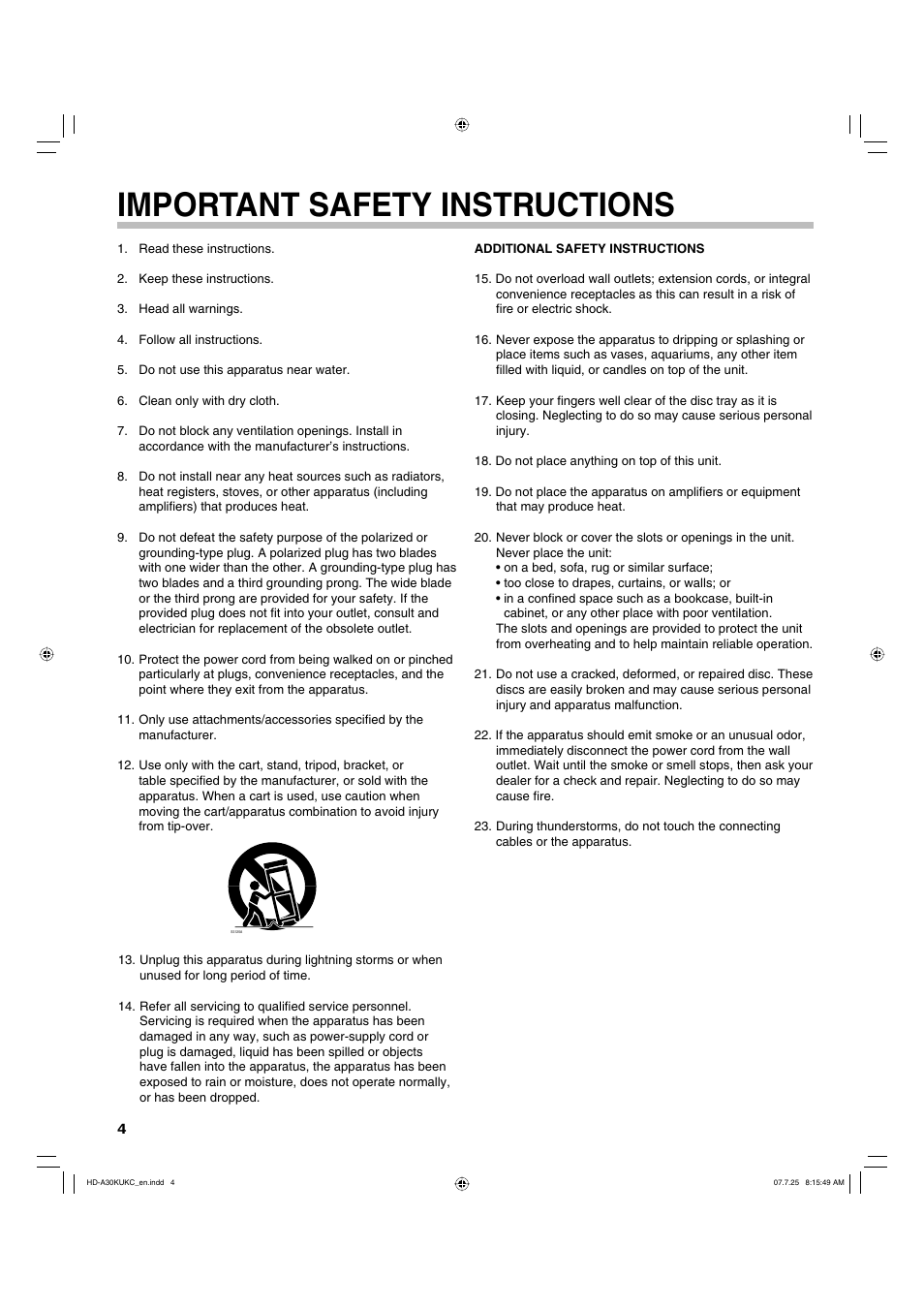Important safety instructions | Toshiba HD-A30KU User Manual | Page 4 / 48
