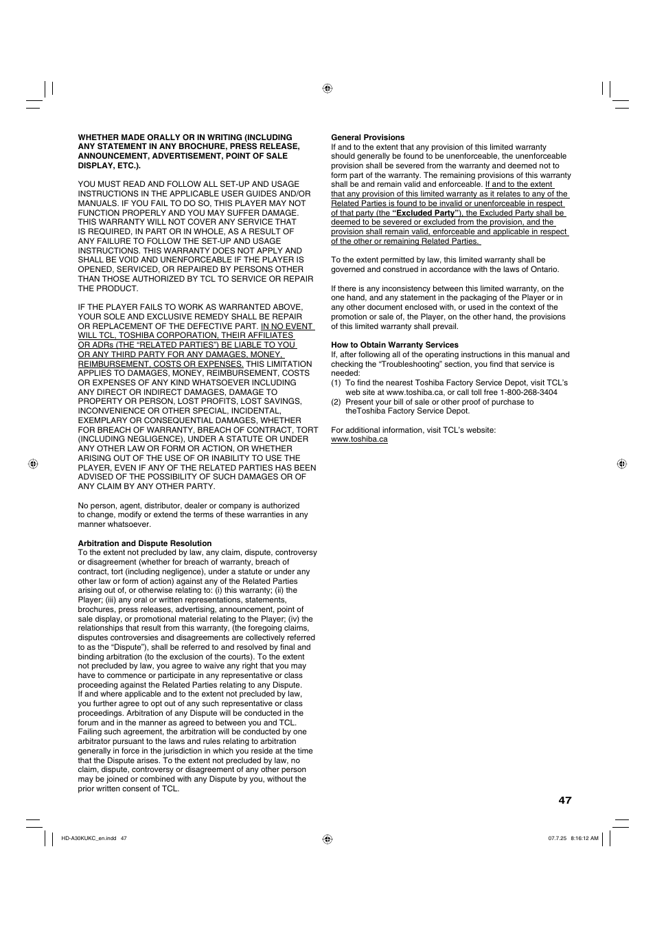 Toshiba HD-A30KU User Manual | Page 47 / 48