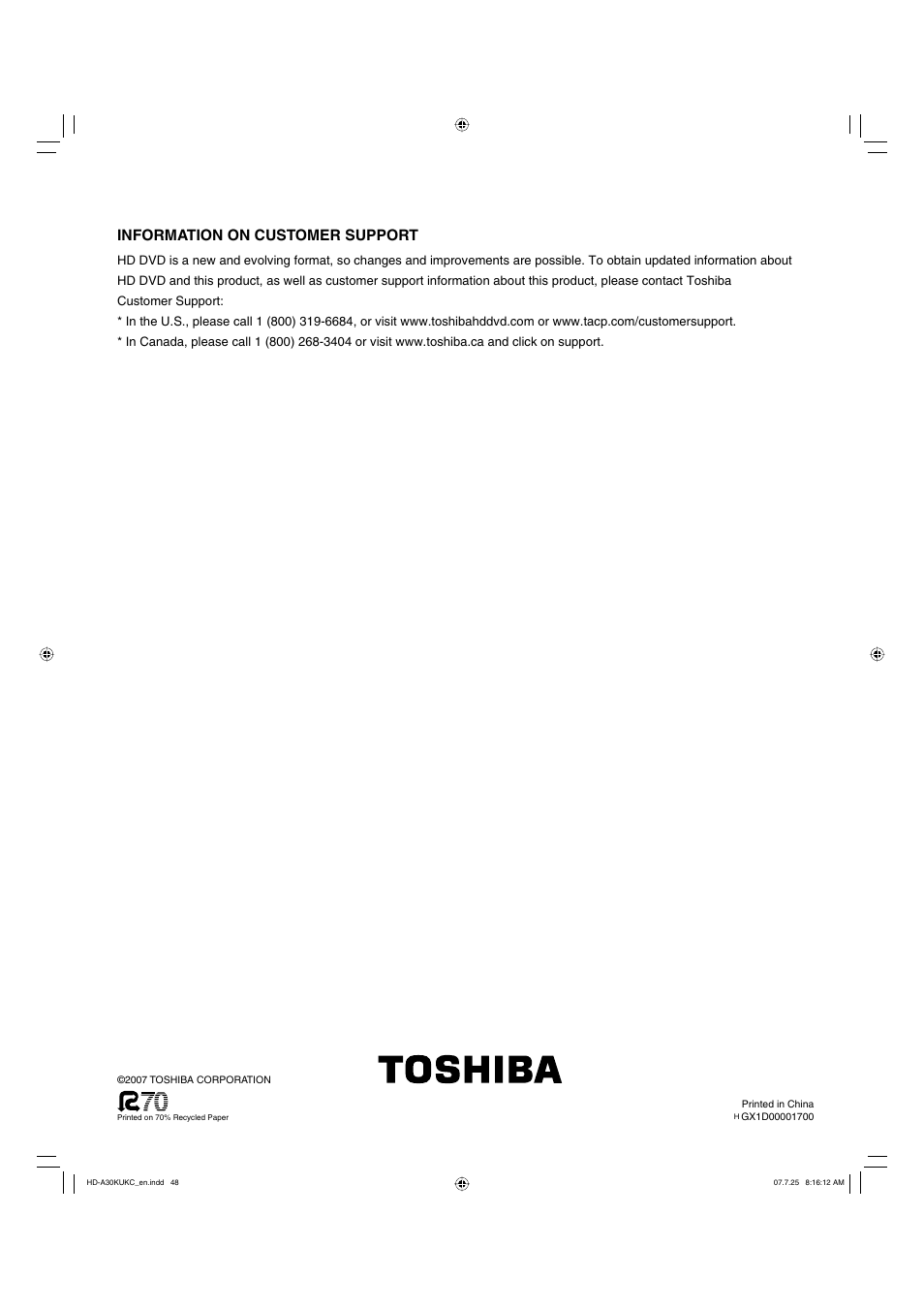 Information on customer support | Toshiba HD-A30KU User Manual | Page 48 / 48