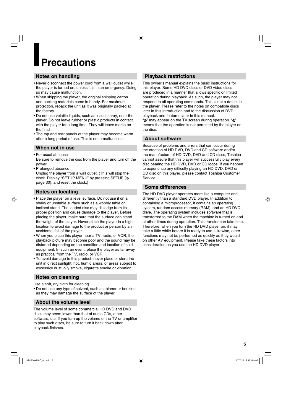Precautions | Toshiba HD-A30KU User Manual | Page 5 / 48