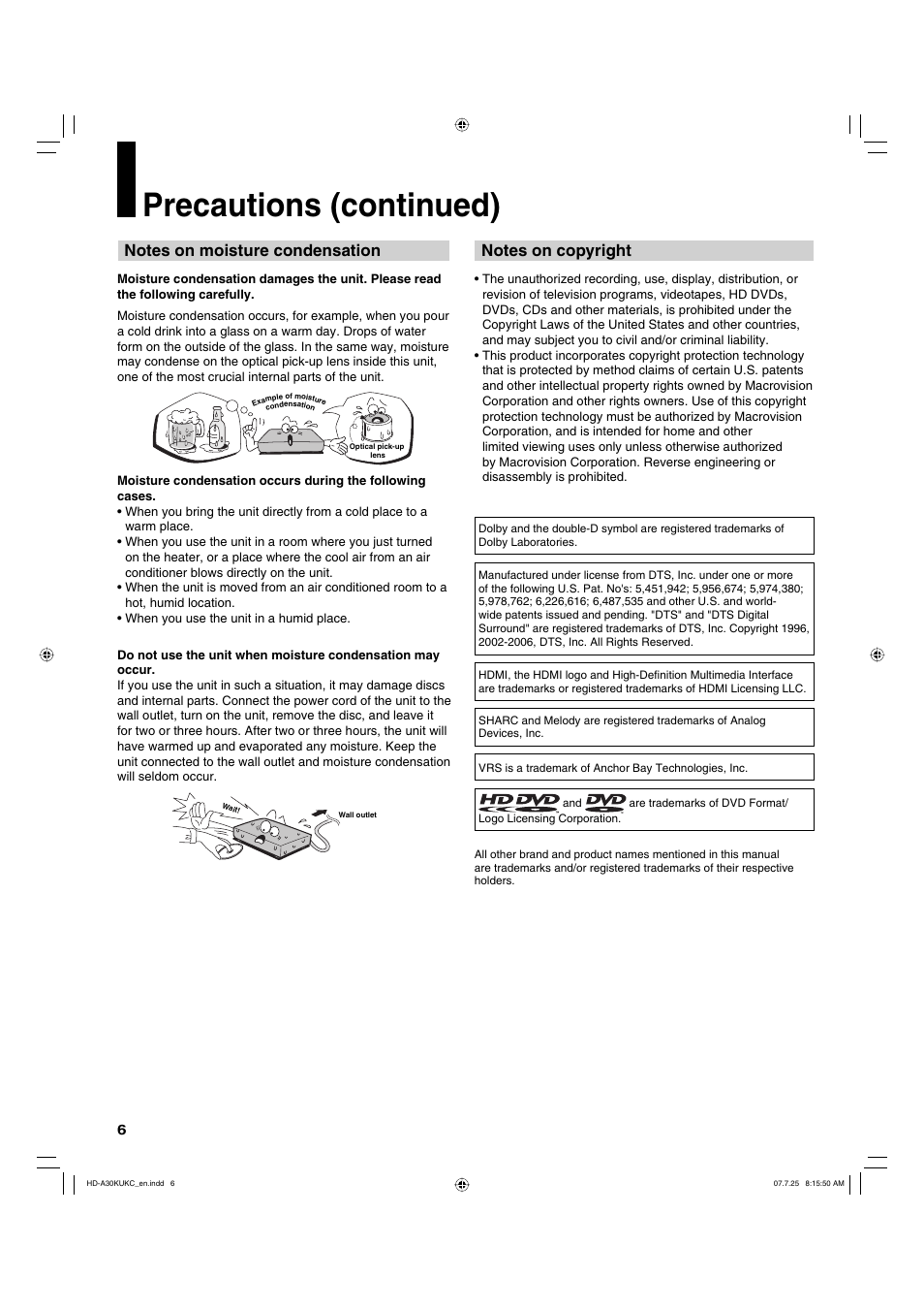 Precautions (continued) | Toshiba HD-A30KU User Manual | Page 6 / 48