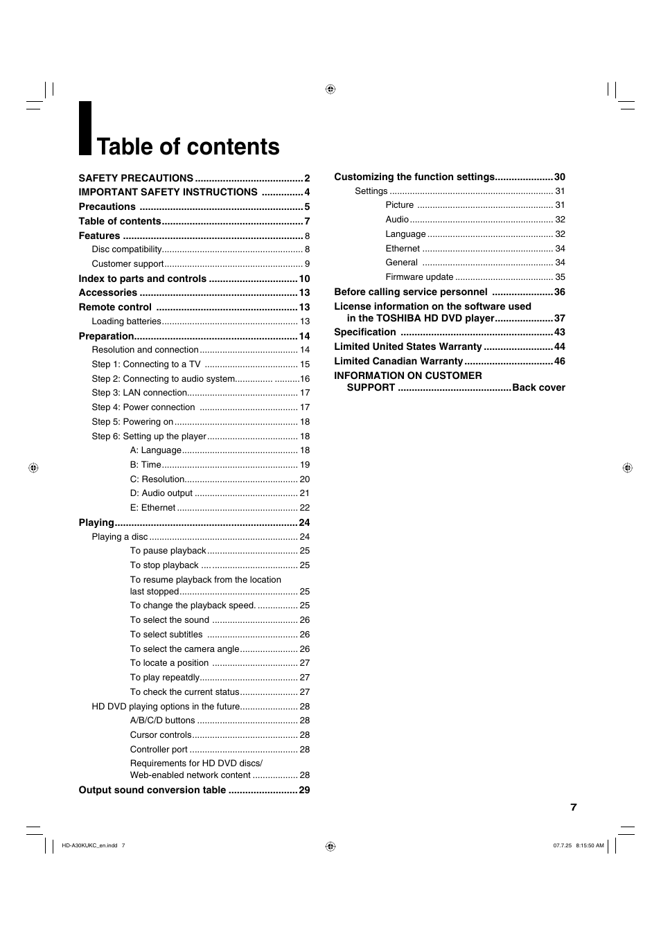 Toshiba HD-A30KU User Manual | Page 7 / 48