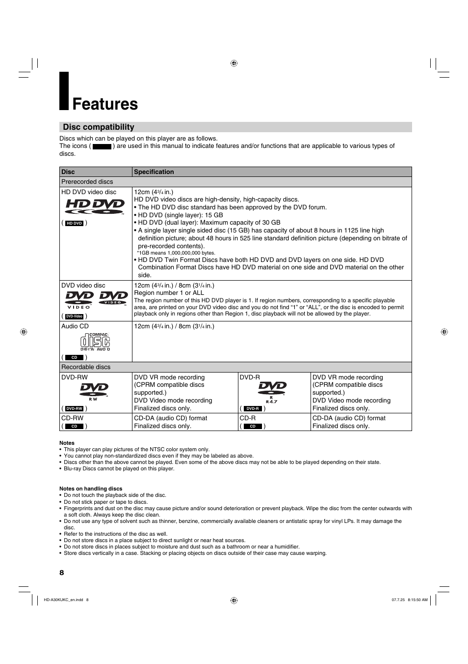 Features, Disc compatibility | Toshiba HD-A30KU User Manual | Page 8 / 48