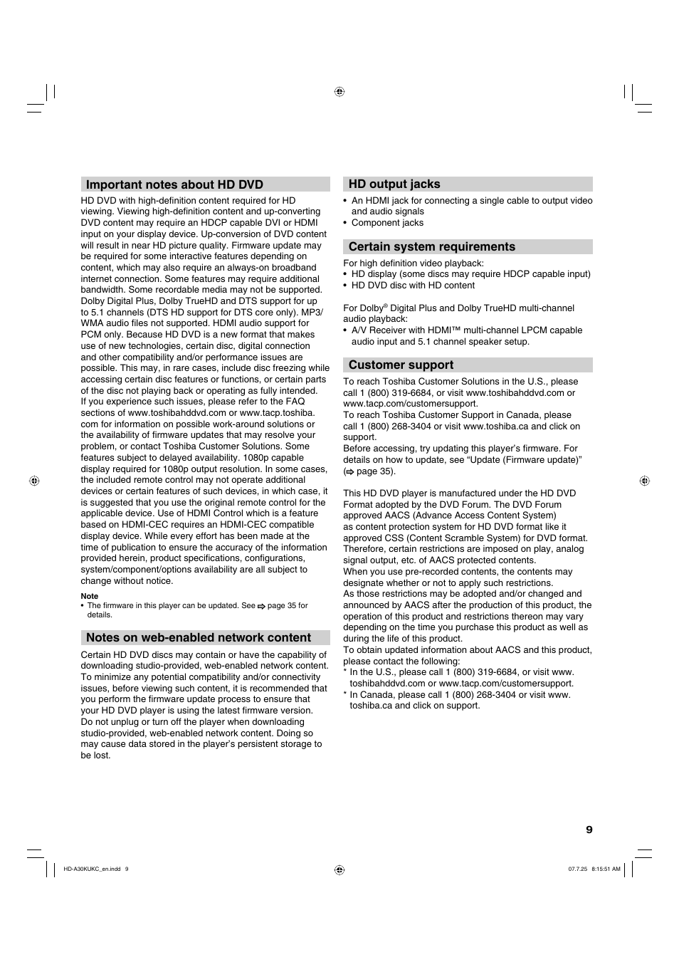 Hd output jacks, Certain system requirements, Customer support | Toshiba HD-A30KU User Manual | Page 9 / 48