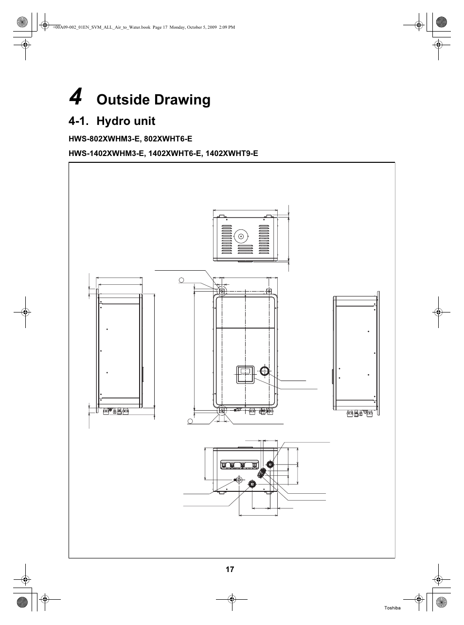 Outside drawing, 1. hydro unit | Toshiba HWS-802XWHT6-E User Manual | Page 18 / 168