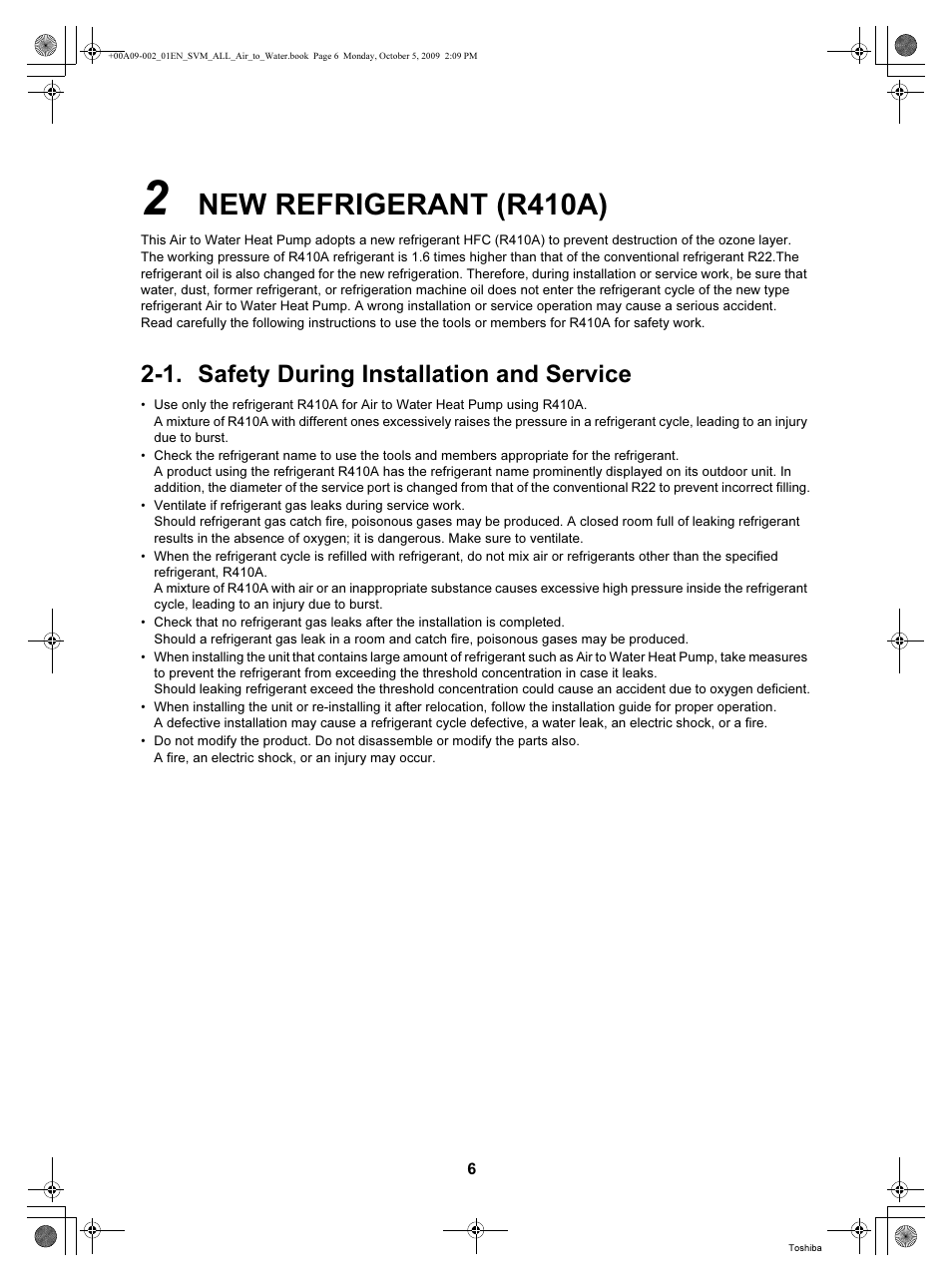 New refrigerant (r410a), 1. safety during installation and service | Toshiba HWS-802XWHT6-E User Manual | Page 7 / 168