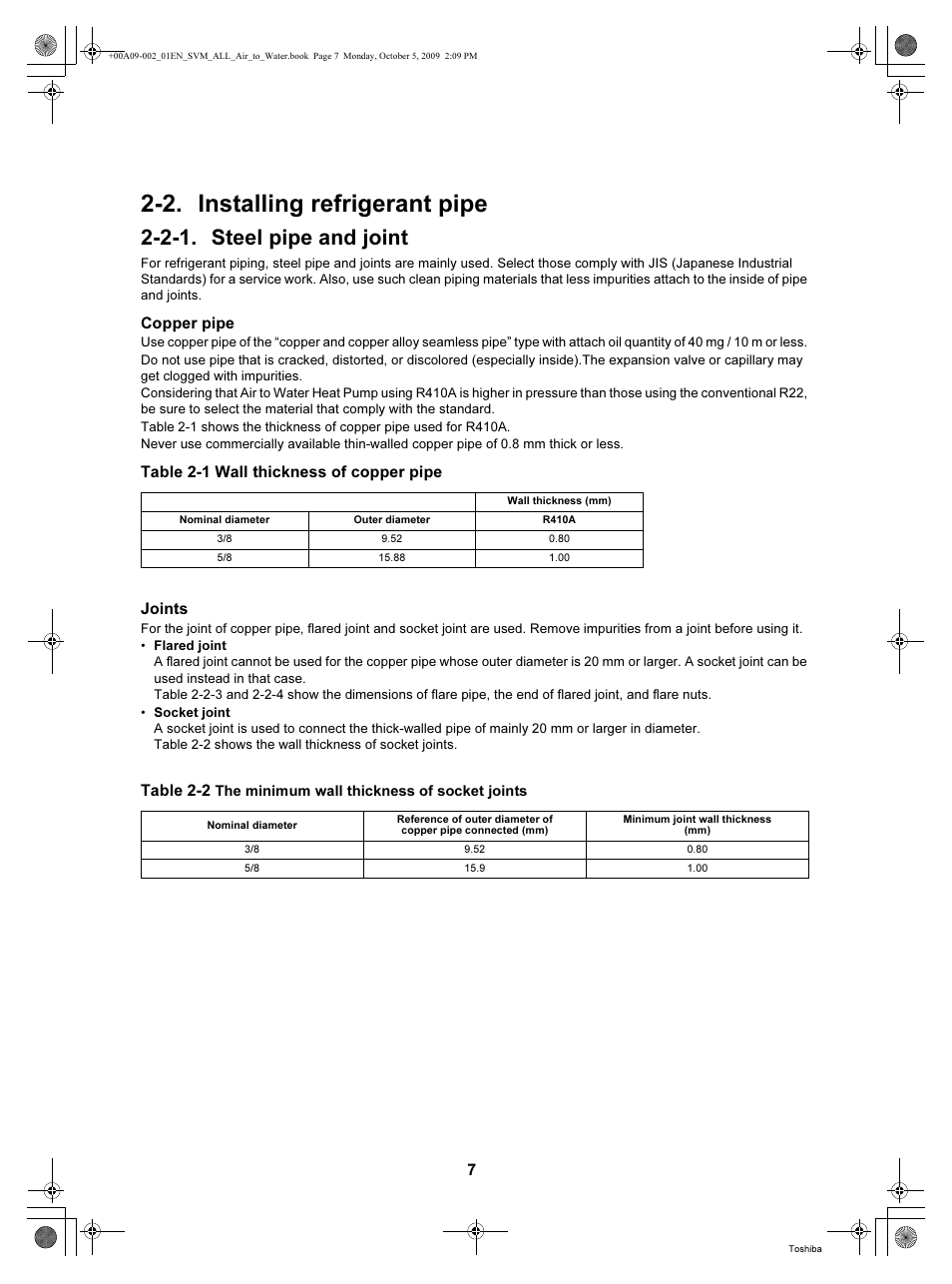 2. installing refrigerant pipe, 2-1. steel pipe and joint, Copper pipe | Table 2-1 wall thickness of copper pipe joints, Table 2-2 | Toshiba HWS-802XWHT6-E User Manual | Page 8 / 168