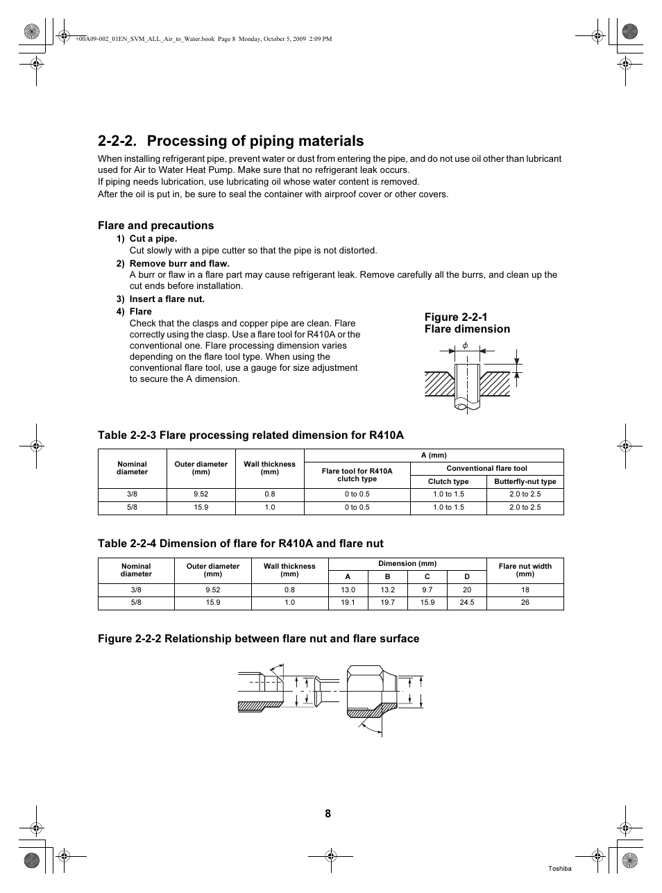 2-2. processing of piping materials, Flare and precautions, Figure 2-2-1 flare dimension | Toshiba HWS-802XWHT6-E User Manual | Page 9 / 168