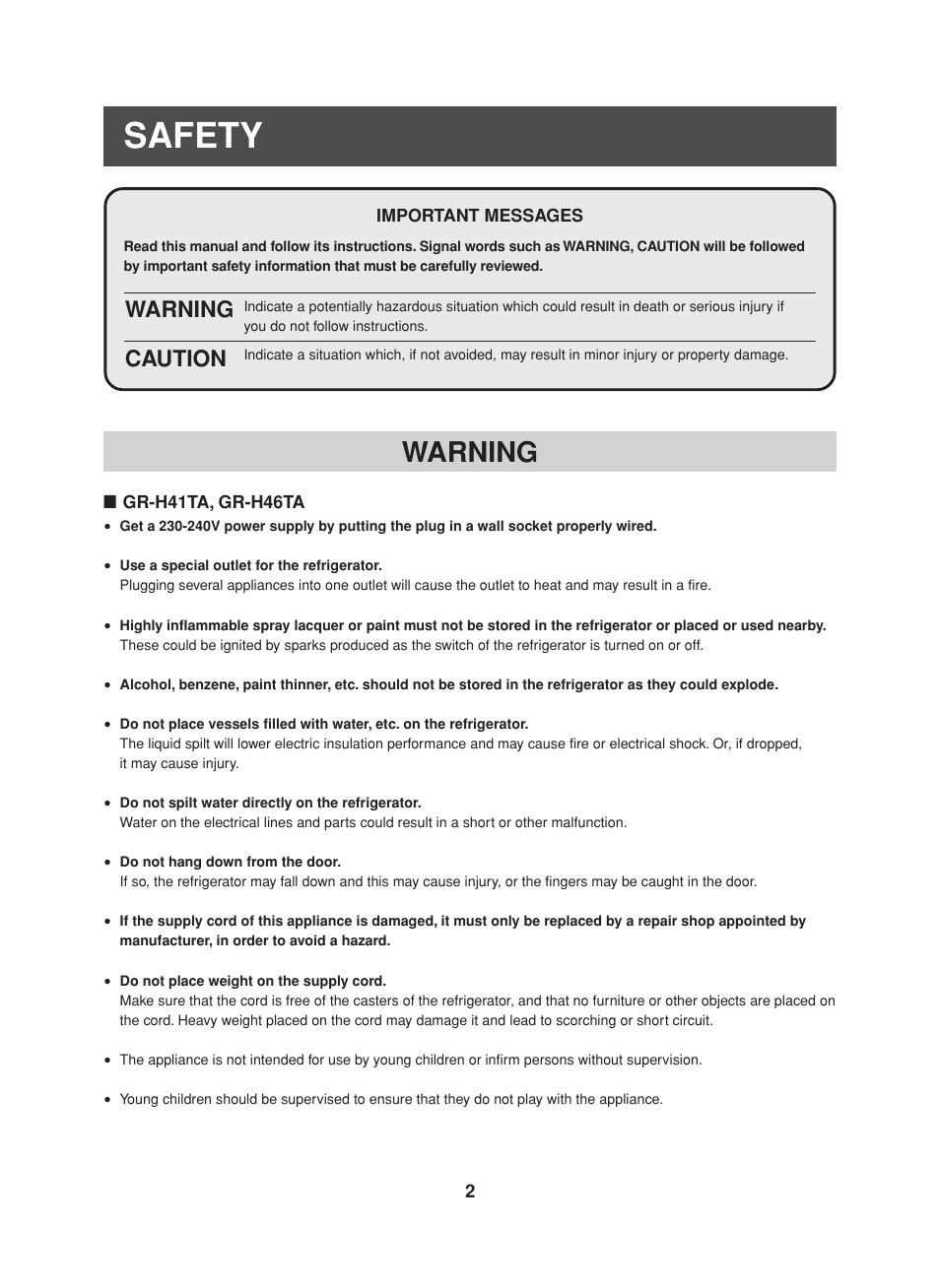 Safety, Warning, Warning caution | Toshiba GR-H46TA User Manual | Page 2 / 8