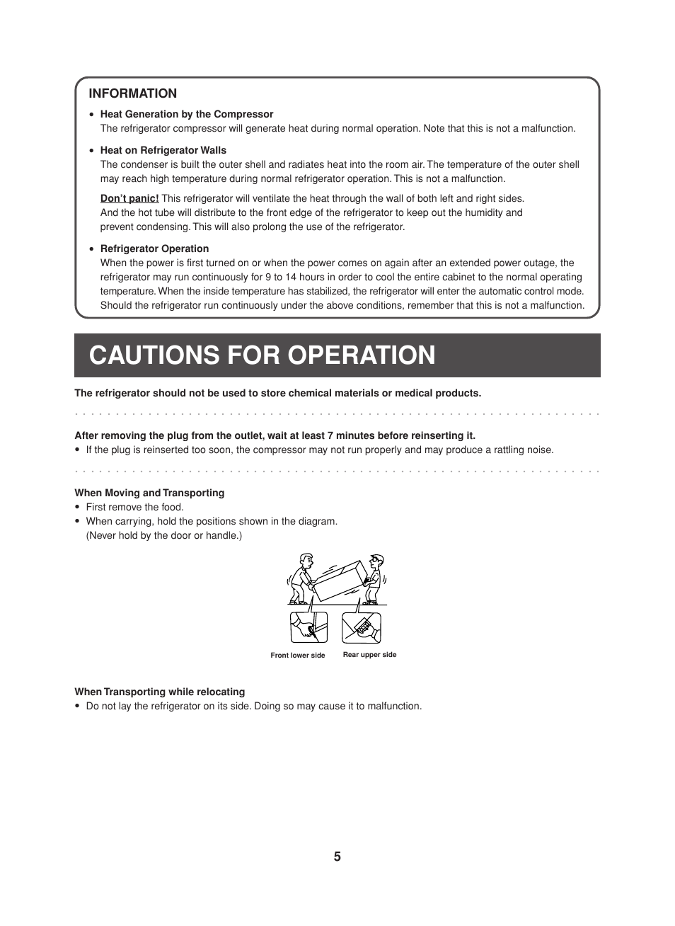 Cautions for operation, Information, When moving and transporting | First remove the food, Front lower side rear upper side | Toshiba GR-H46TA User Manual | Page 5 / 8