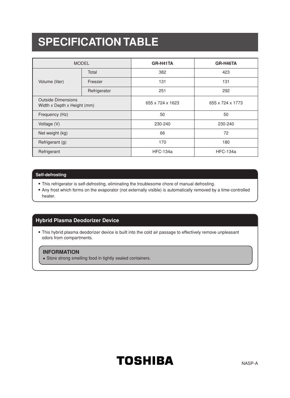 Specification table | Toshiba GR-H46TA User Manual | Page 8 / 8