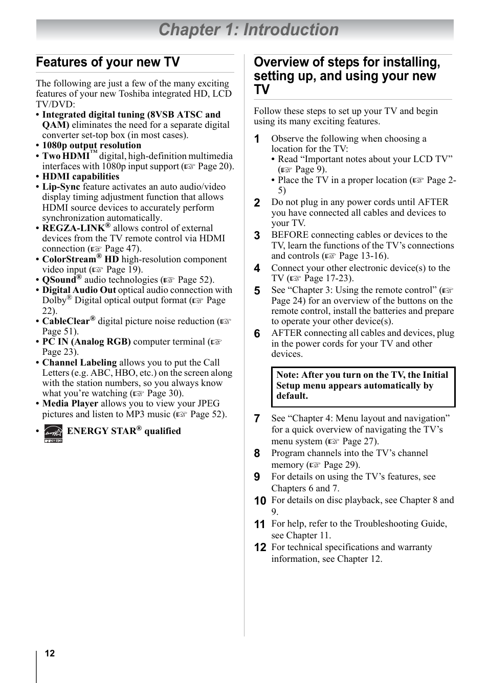 Chapter 1: introduction, Features of your new tv | Toshiba 15CV101U User Manual | Page 12 / 88