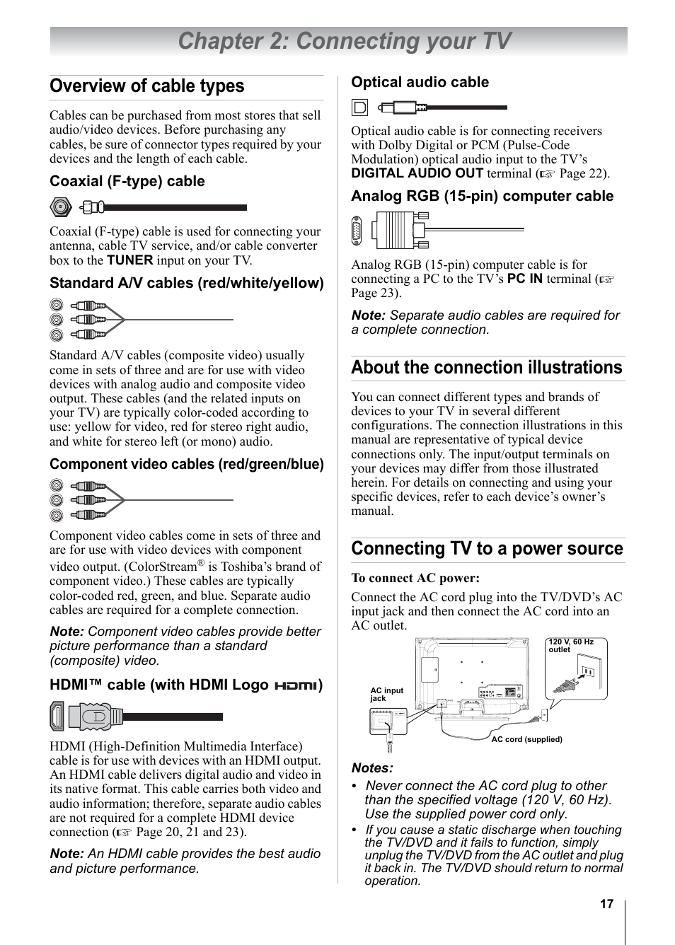 Chapter 2: connecting your tv, Overview of cable types, About the connection illustrations | Connecting tv to a power source | Toshiba 15CV101U User Manual | Page 17 / 88