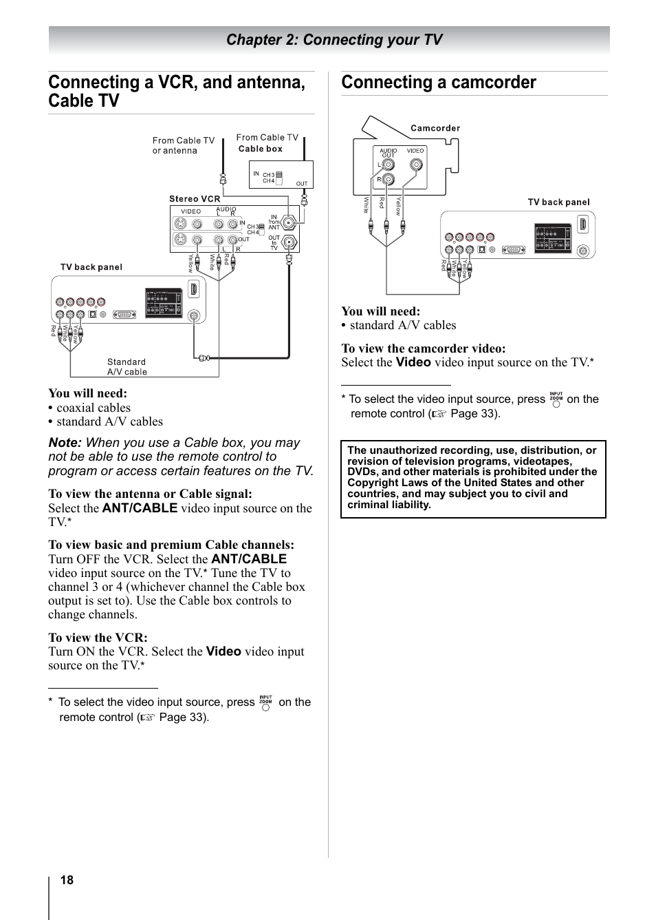 Connecting a vcr, and antenna, cable tv, Connecting a camcorder, Chapter 2: connecting your tv | Toshiba 15CV101U User Manual | Page 18 / 88