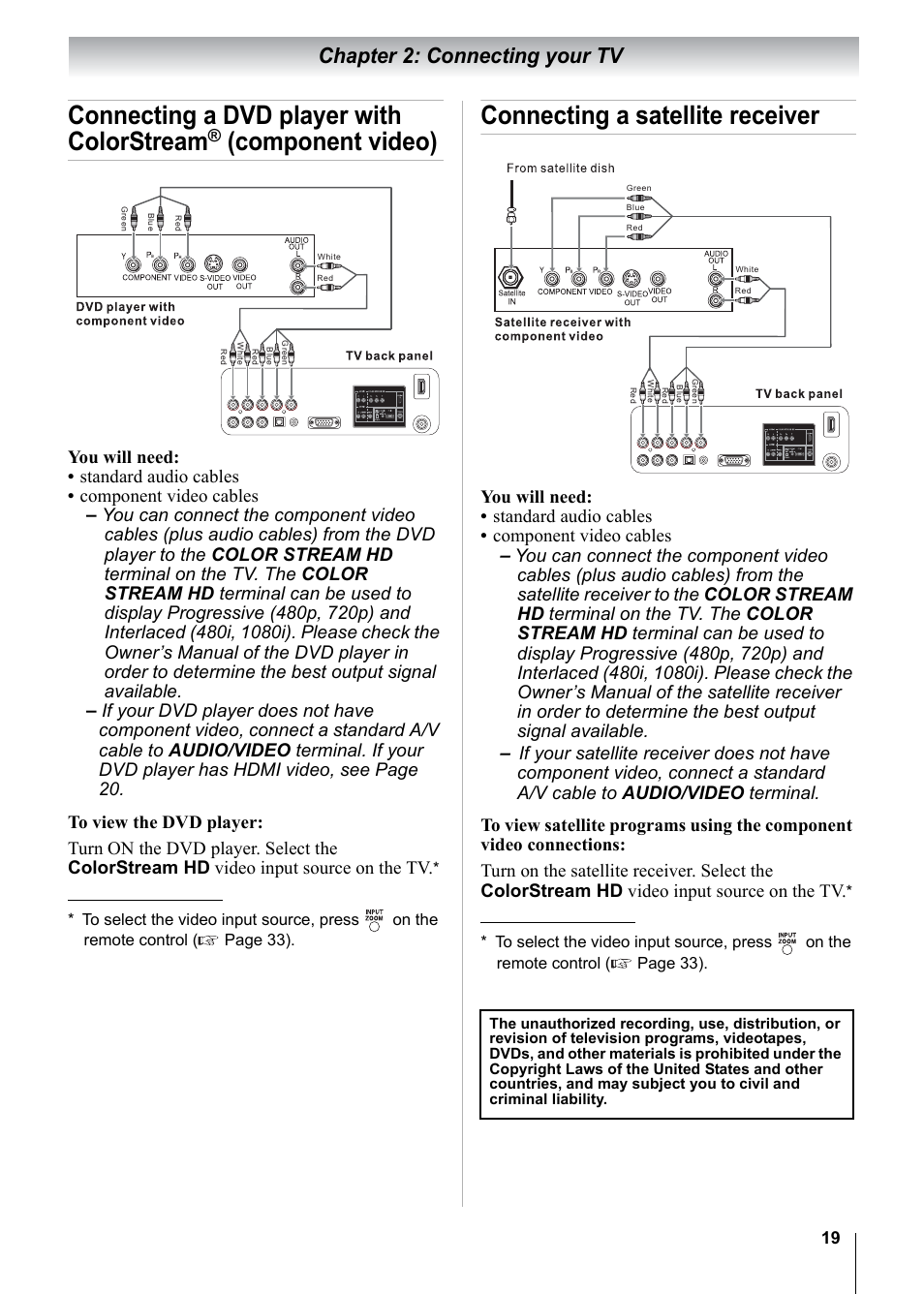 Connecting a dvd player with colorstream, Component video), Connecting a satellite receiver | Chapter 2: connecting your tv | Toshiba 15CV101U User Manual | Page 19 / 88