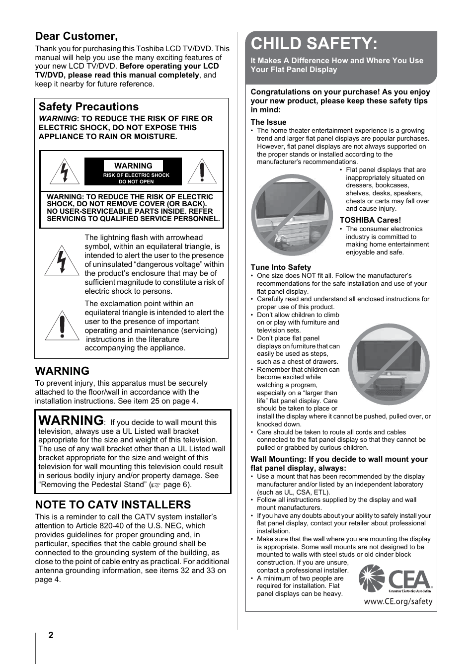 Child safety, Dear customer, Warning | Safety precautions | Toshiba 15CV101U User Manual | Page 2 / 88