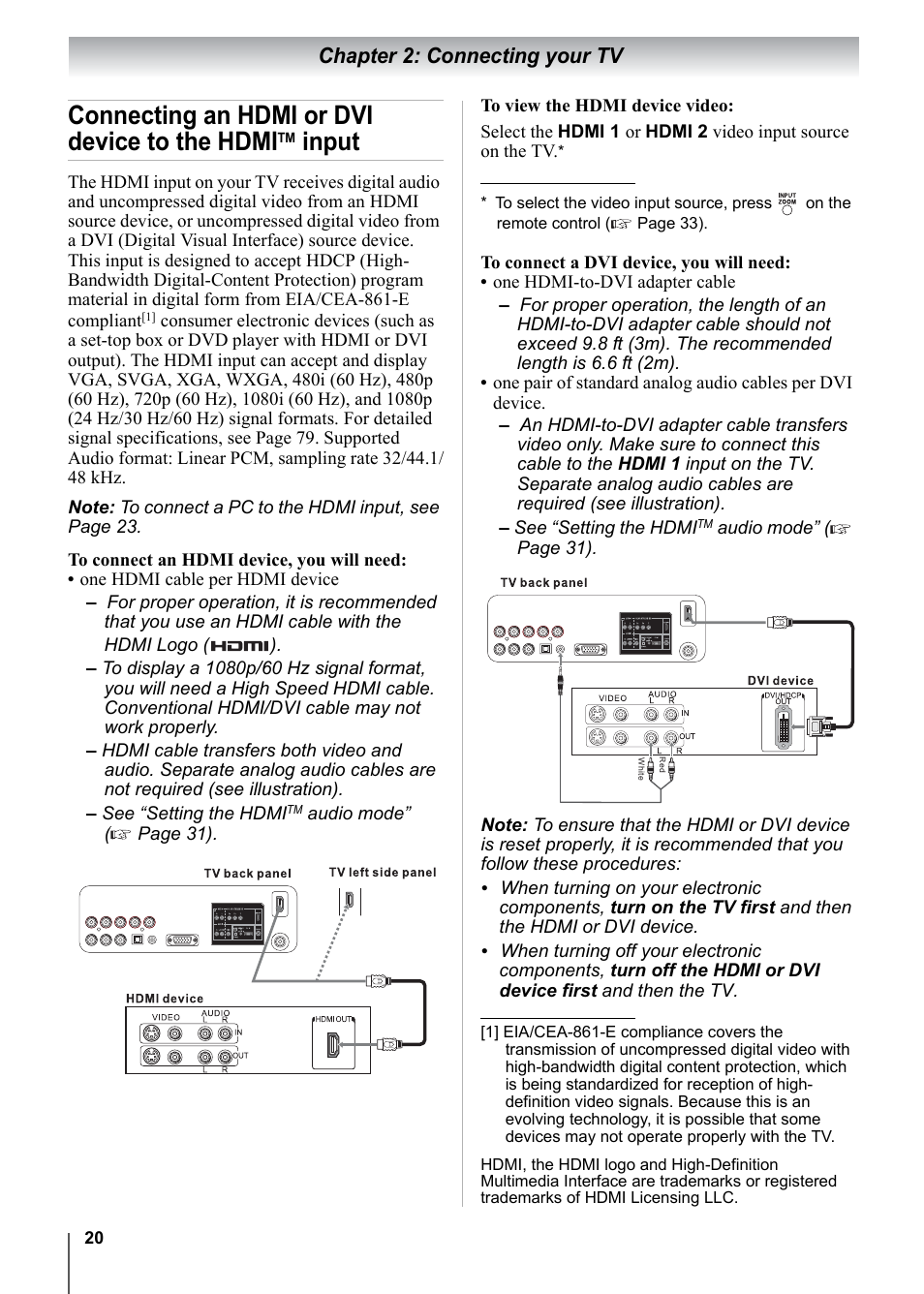 Connecting an hdmi or dvi device to the hdmi, Input, Chapter 2: connecting your tv | Toshiba 15CV101U User Manual | Page 20 / 88