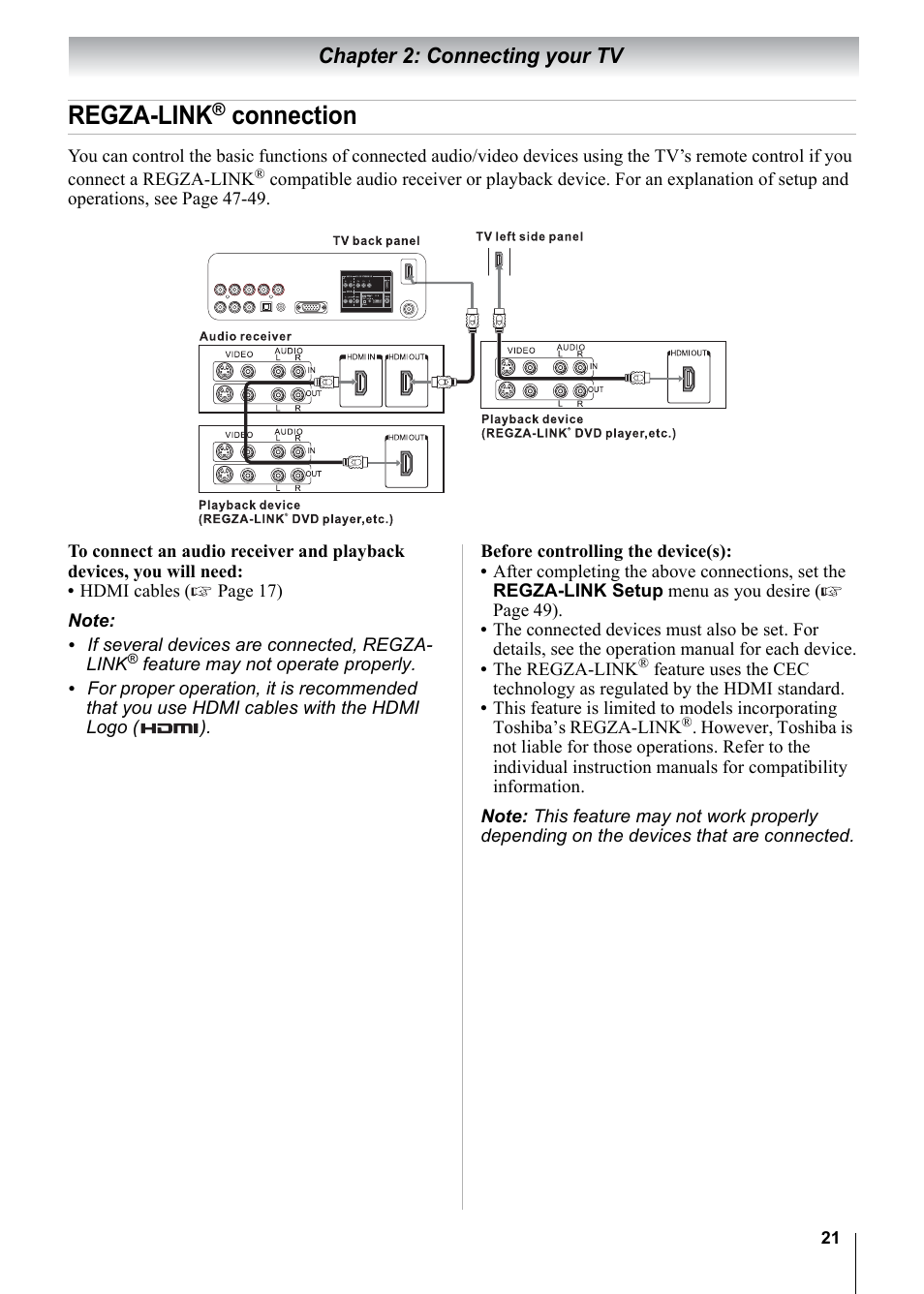 Regza-link, Connection, Chapter 2: connecting your tv | Toshiba 15CV101U User Manual | Page 21 / 88