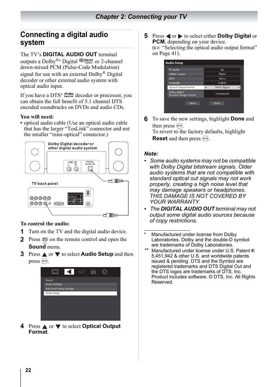 Connecting a digital audio system, Chapter 2: connecting your tv | Toshiba 15CV101U User Manual | Page 22 / 88