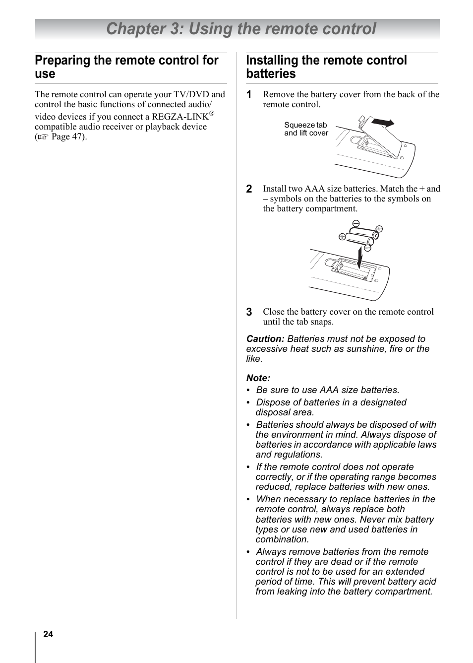 Chapter 3: using the remote control, Preparing the remote control for use, Installing the remote control batteries | Toshiba 15CV101U User Manual | Page 24 / 88