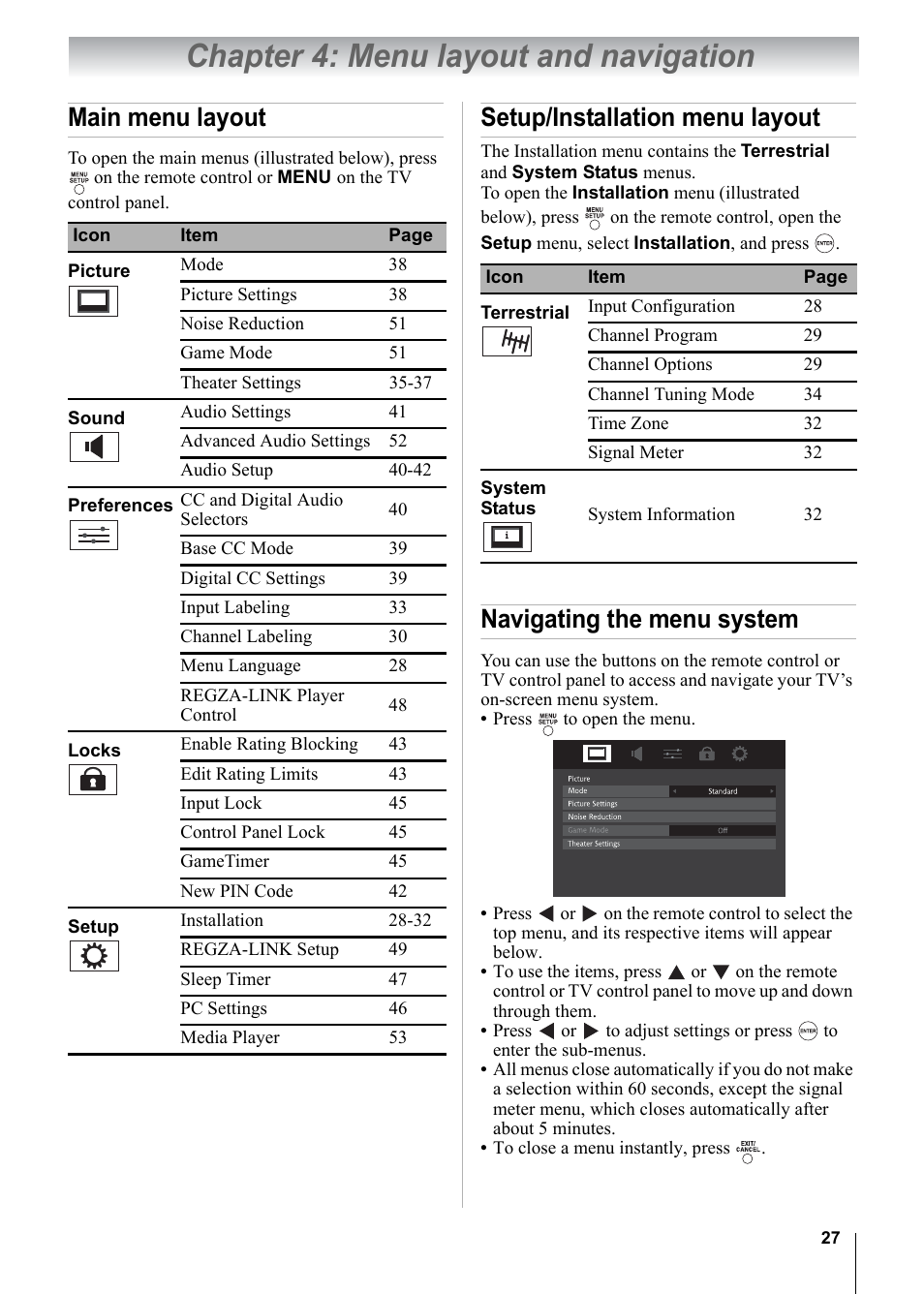 Chapter 4: menu layout and navigation, Main menu layout, Setup/installation menu layout | Navigating the menu system | Toshiba 15CV101U User Manual | Page 27 / 88