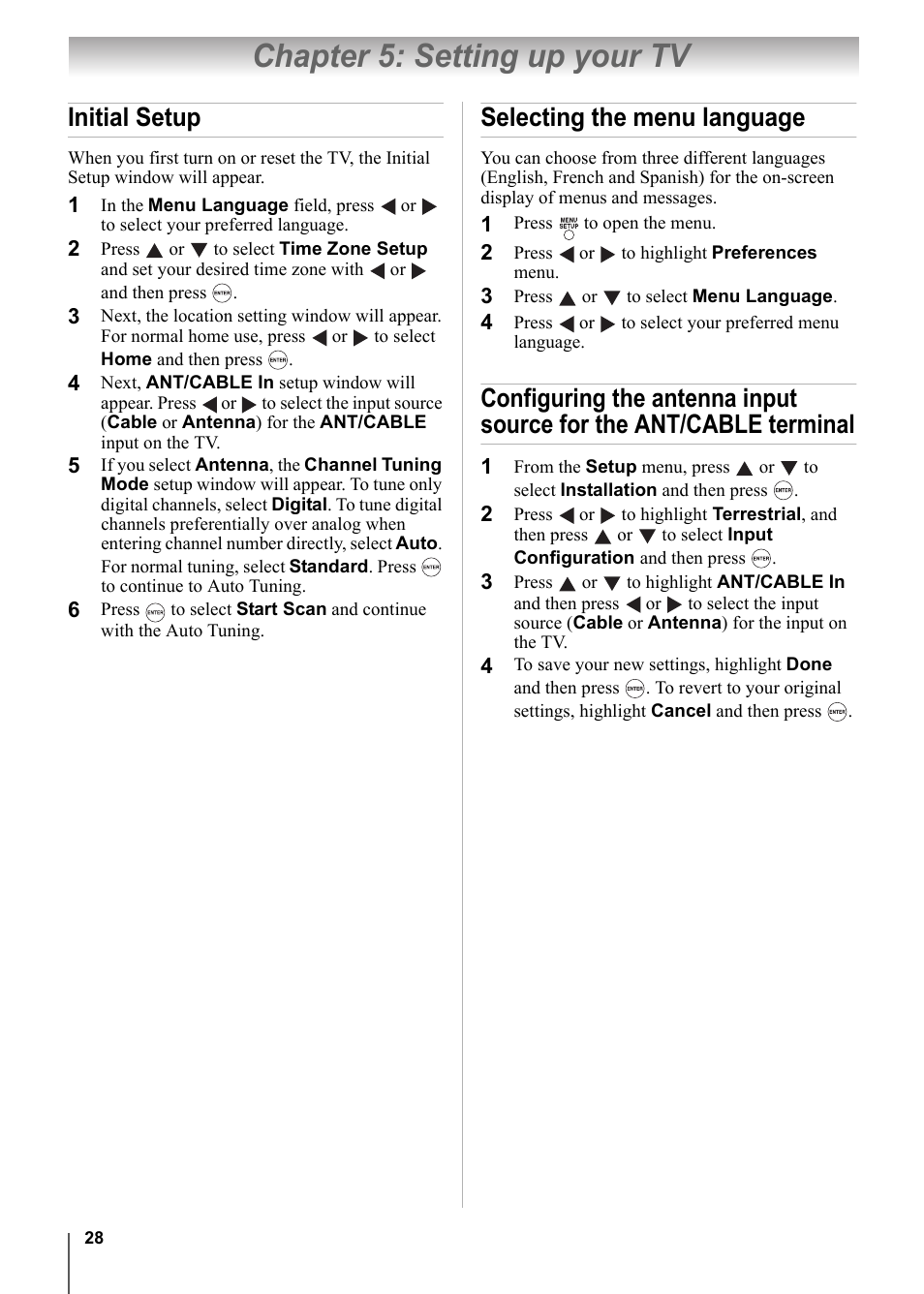 Chapter 5: setting up your tv, Initial setup, Selecting the menu language | Toshiba 15CV101U User Manual | Page 28 / 88
