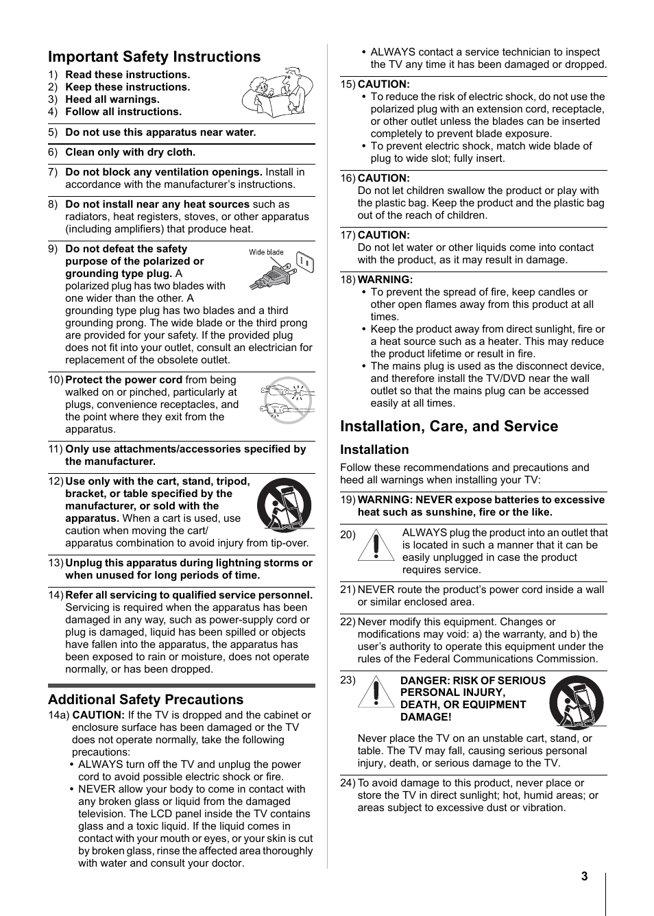 Important safety instructions, Installation, care, and service, Additional safety precautions | Toshiba 15CV101U User Manual | Page 3 / 88