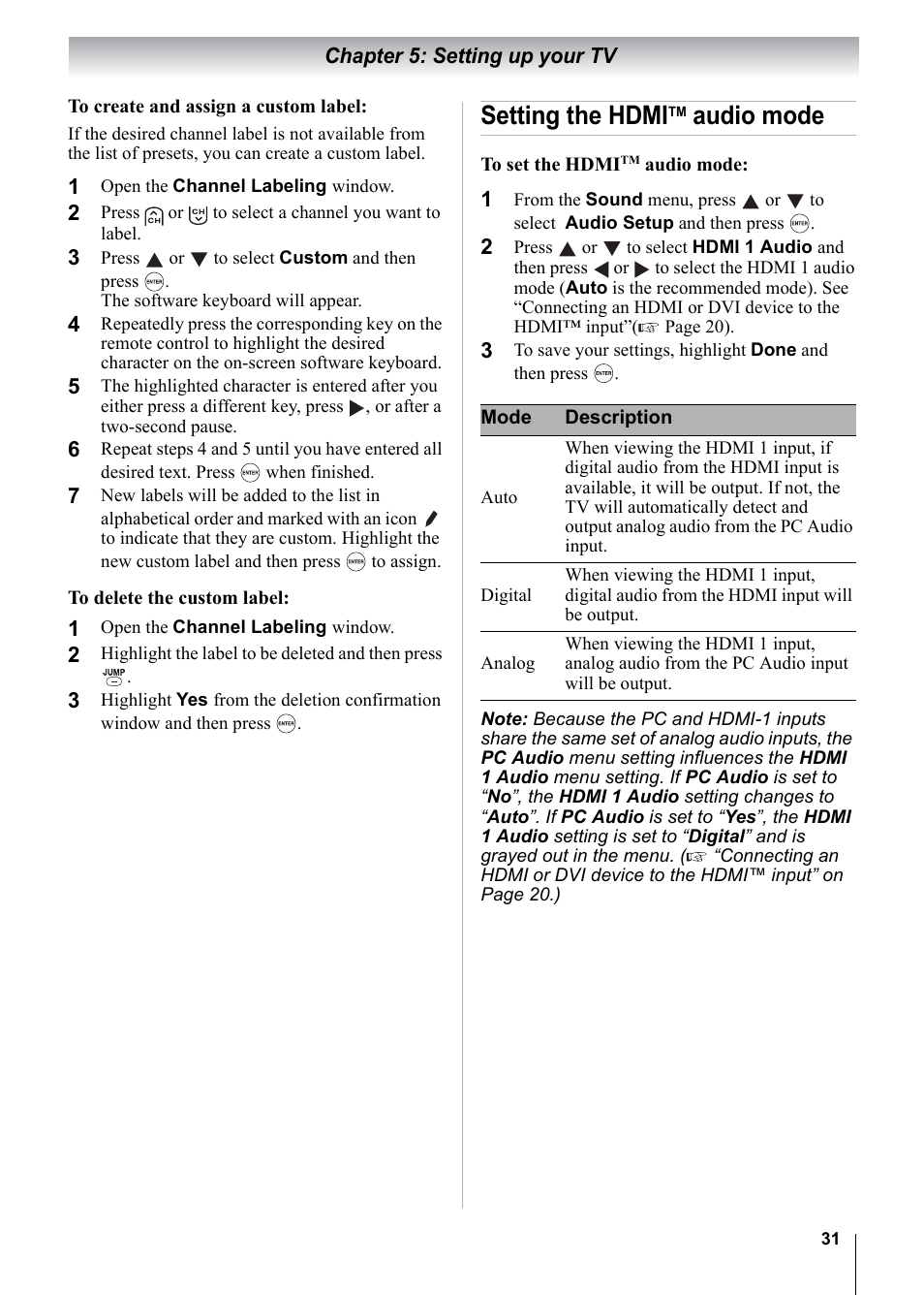 Setting the hdmi, Audio mode | Toshiba 15CV101U User Manual | Page 31 / 88