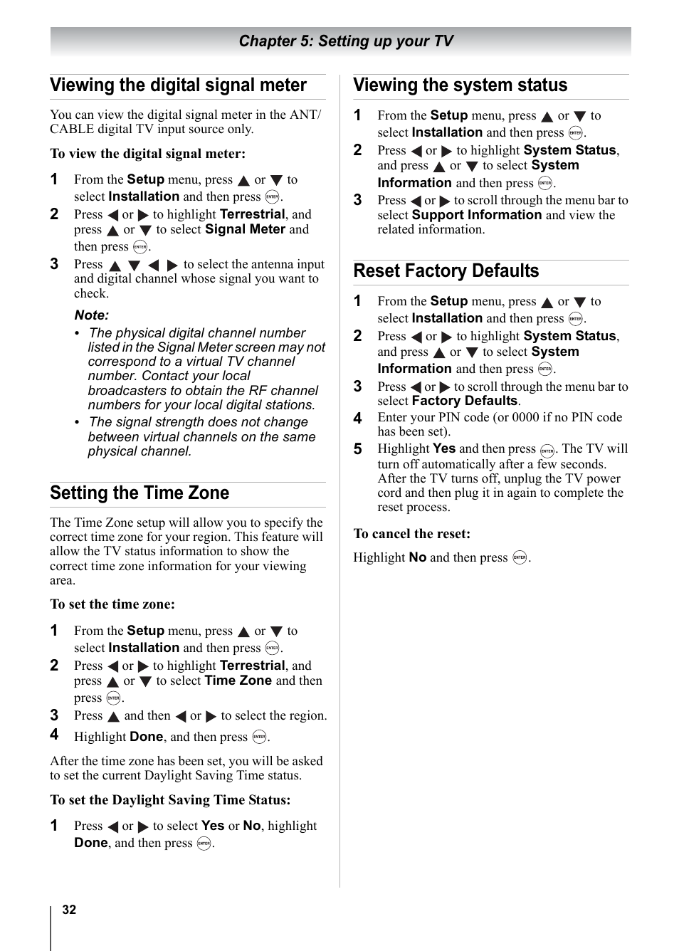 Viewing the digital signal meter, Setting the time zone, Viewing the system status reset factory defaults | Toshiba 15CV101U User Manual | Page 32 / 88