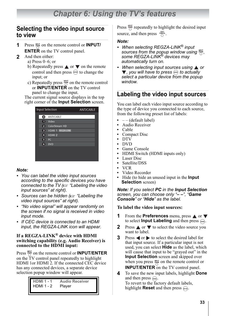 Chapter 6: using the tv’s features, Selecting the video input source to view, Labeling the video input sources | Toshiba 15CV101U User Manual | Page 33 / 88