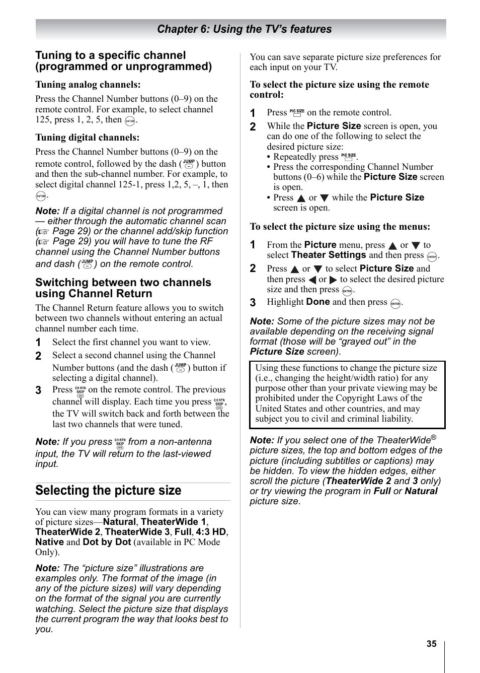 Selecting the picture size | Toshiba 15CV101U User Manual | Page 35 / 88