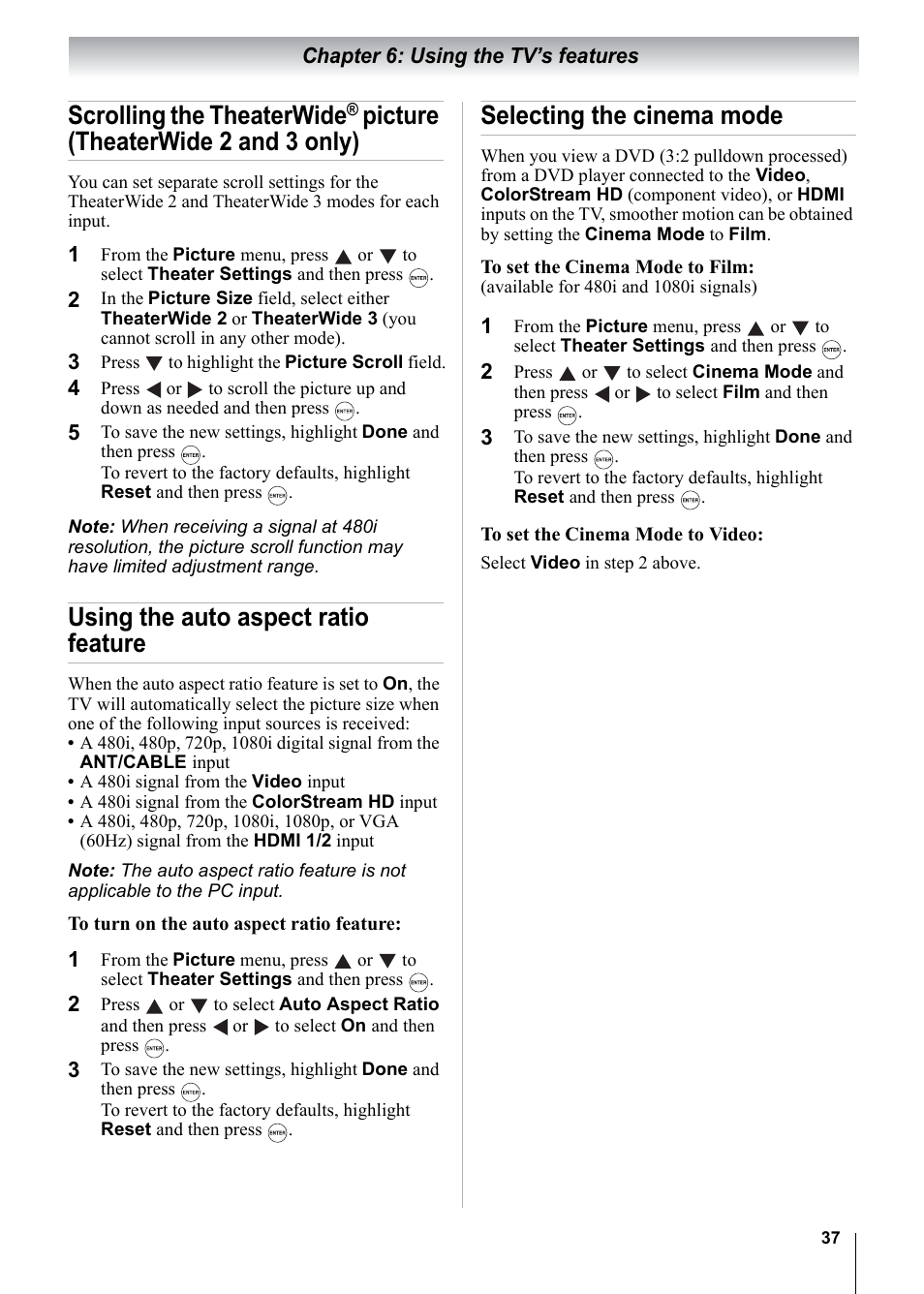 Scrolling the theaterwide, Picture (theaterwide 2 and 3 only), Using the auto aspect ratio feature | Selecting the cinema mode | Toshiba 15CV101U User Manual | Page 37 / 88