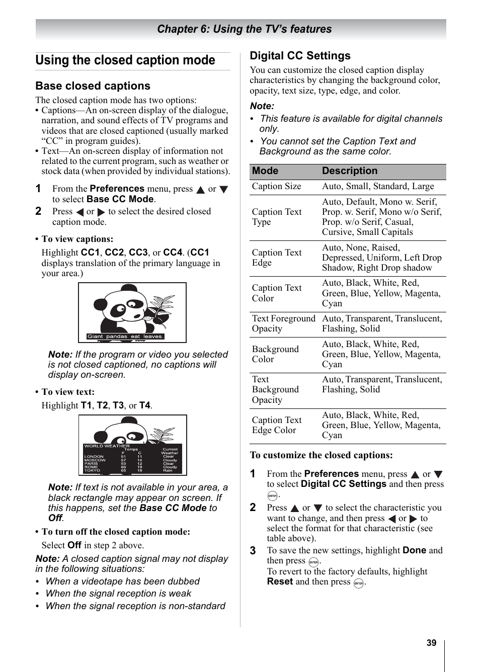 Using the closed caption mode, Chapter 6: using the tv’s features, Base closed captions | Digital cc settings | Toshiba 15CV101U User Manual | Page 39 / 88