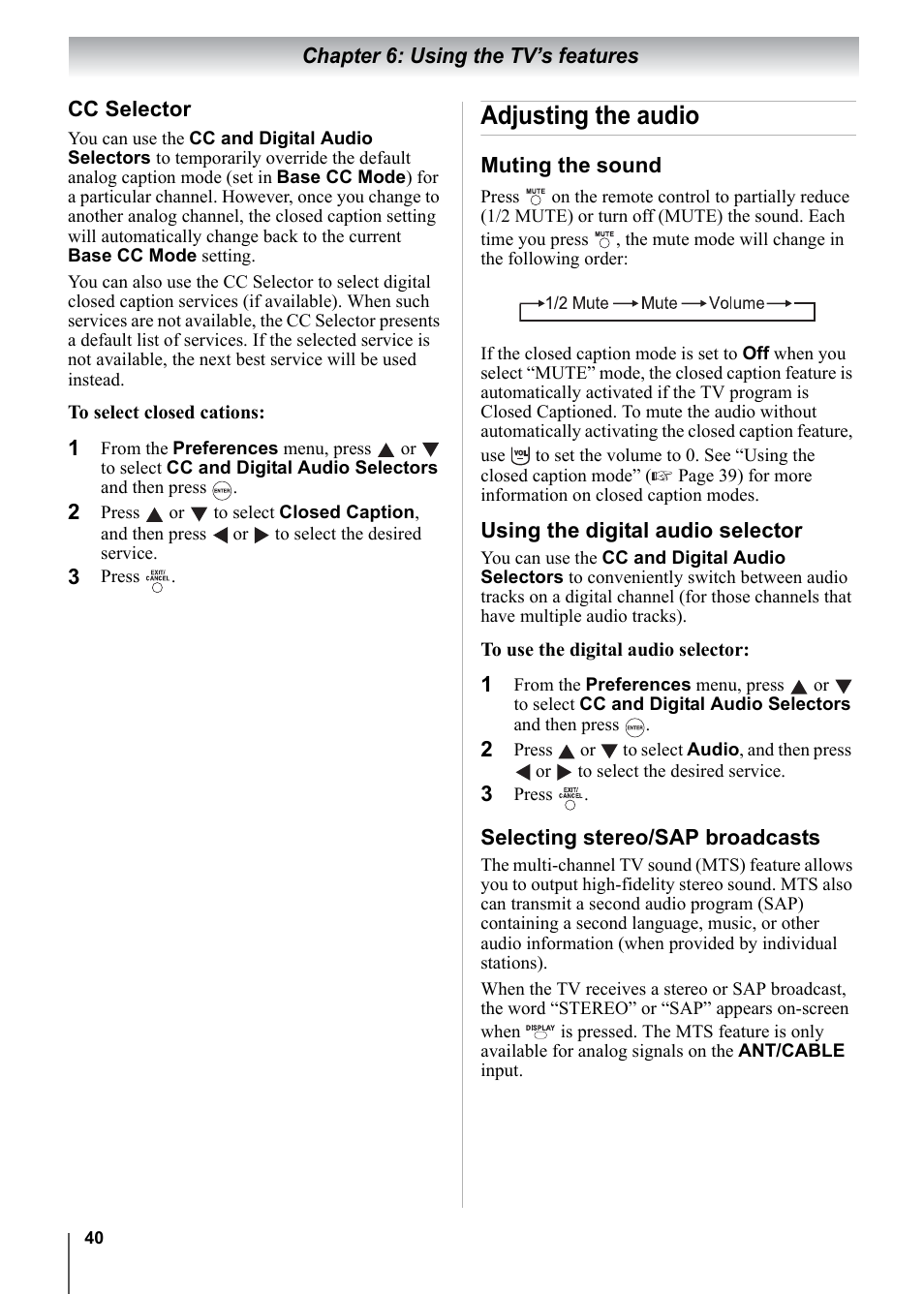 Adjusting the audio | Toshiba 15CV101U User Manual | Page 40 / 88